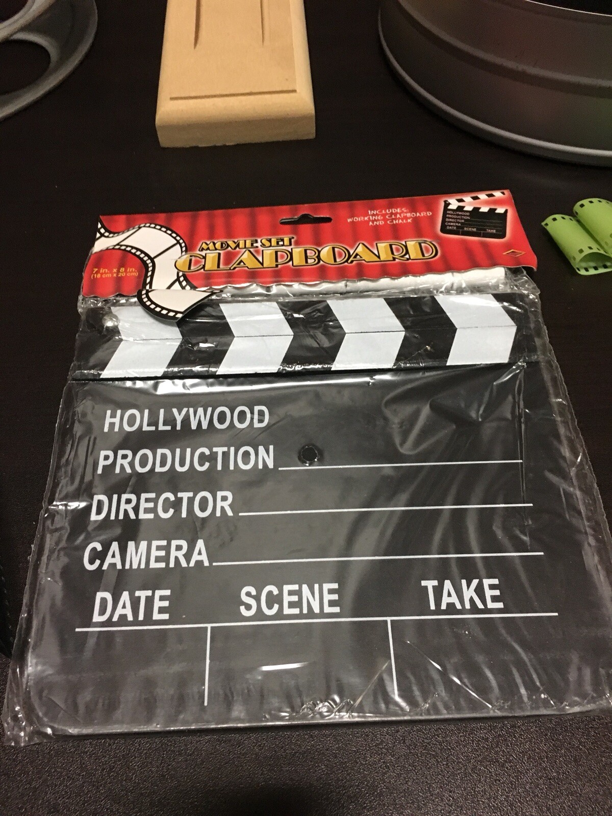 Hollywood Party Set 35mm Film Reel W Stand Bow Clapboard Film Can and Filmstrip