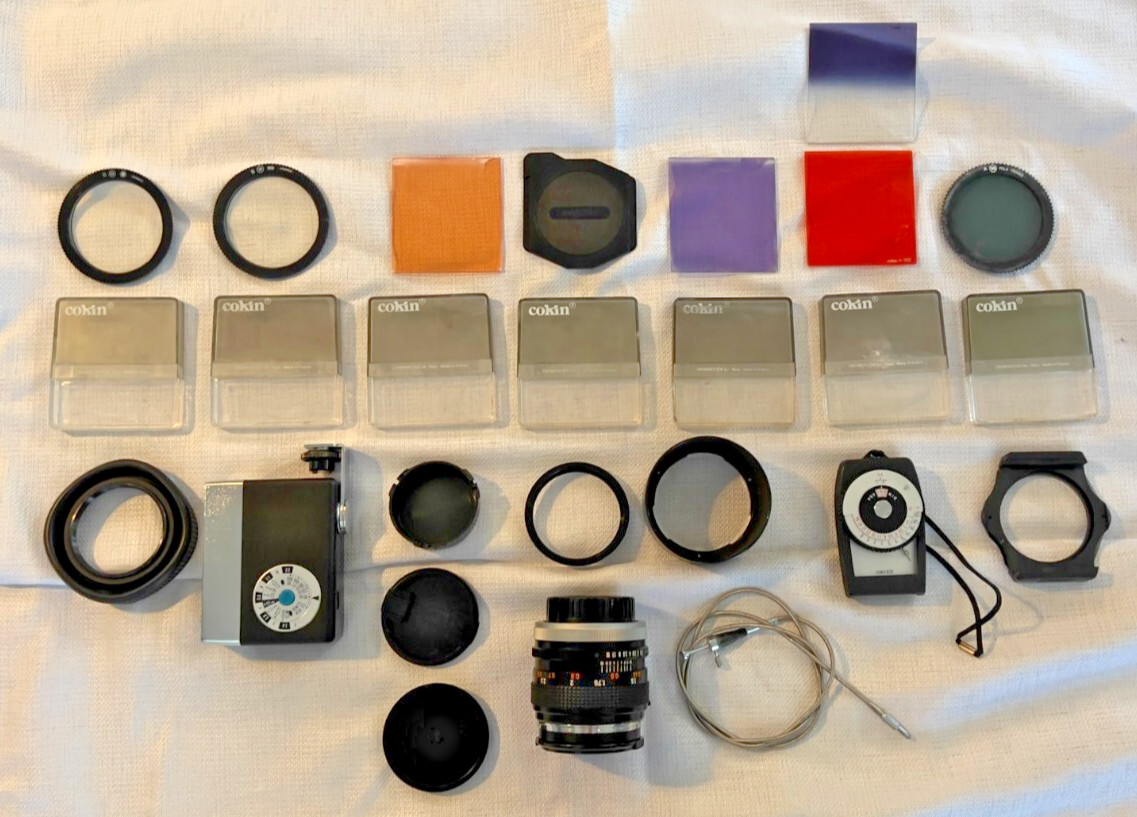 Vintage Camera Gear, Case, Flash, Light Meter, Filters, Canon 50mm 1.4 FD Lens