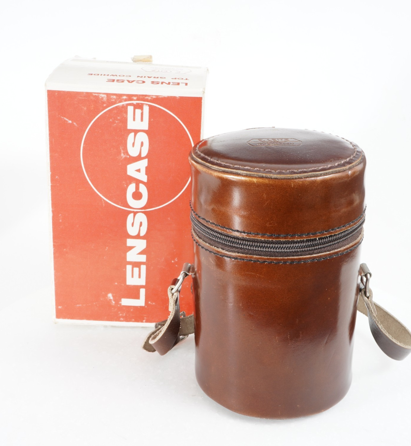 -[EX+++] E. LEITZ #3 LENS CASE 98283 BROWN LEATHER + STRAP For Elmarit-R 90mm