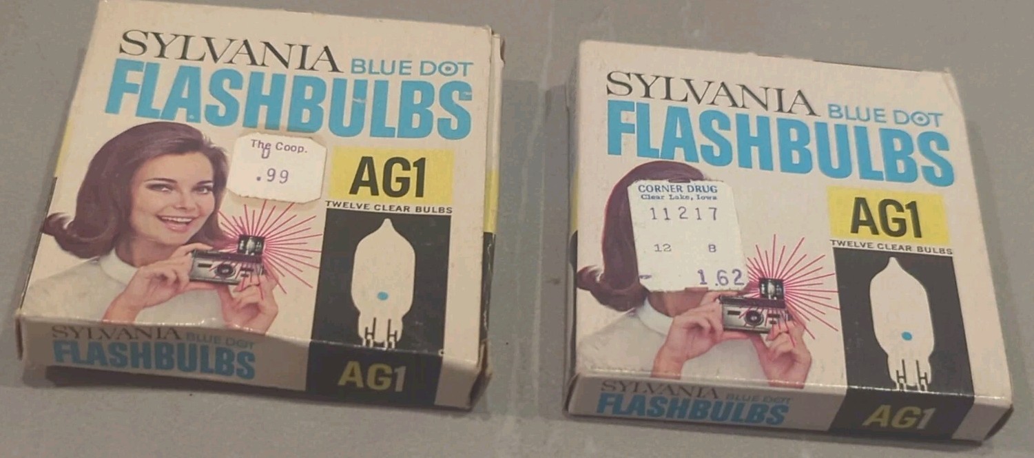2 Boxes Sylvania Blue Dot Flashbulbs AG1 Clear Unused 24 Bulbs NOS Prop Camera