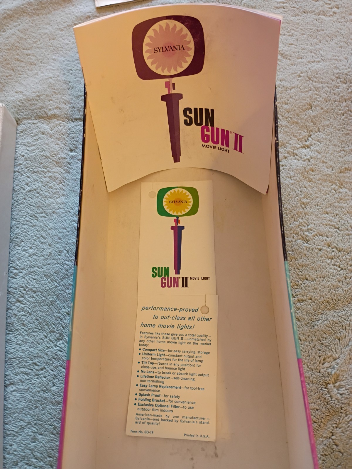 Vintage Sylvania Sun Gun II SG-55 Movie Light Tested Works Box Manual USA