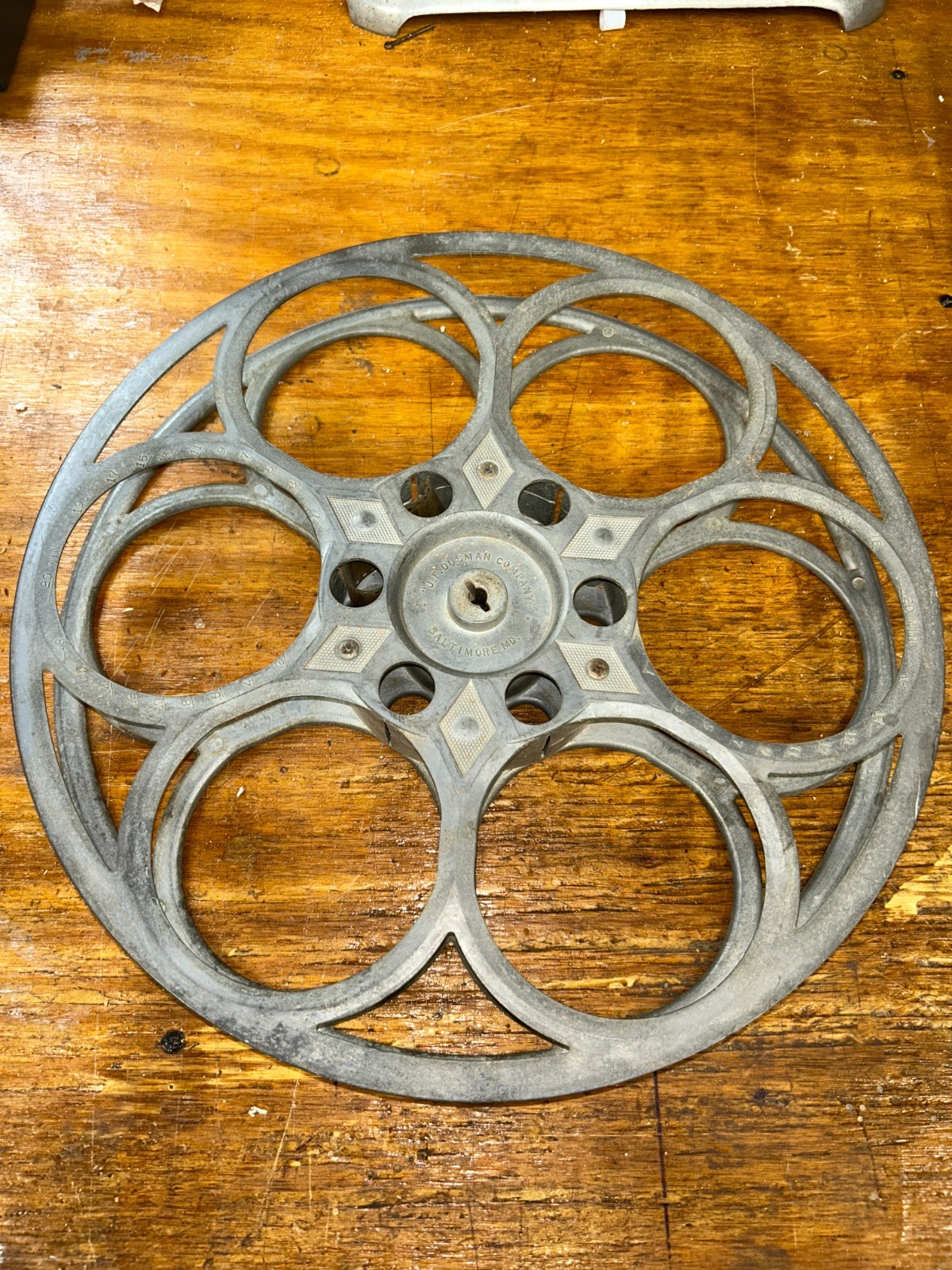 Vintage J. F. Dusman Co. Baltimore, MD. 15″ 35mm Aluminum 6-Hole Film Reel
