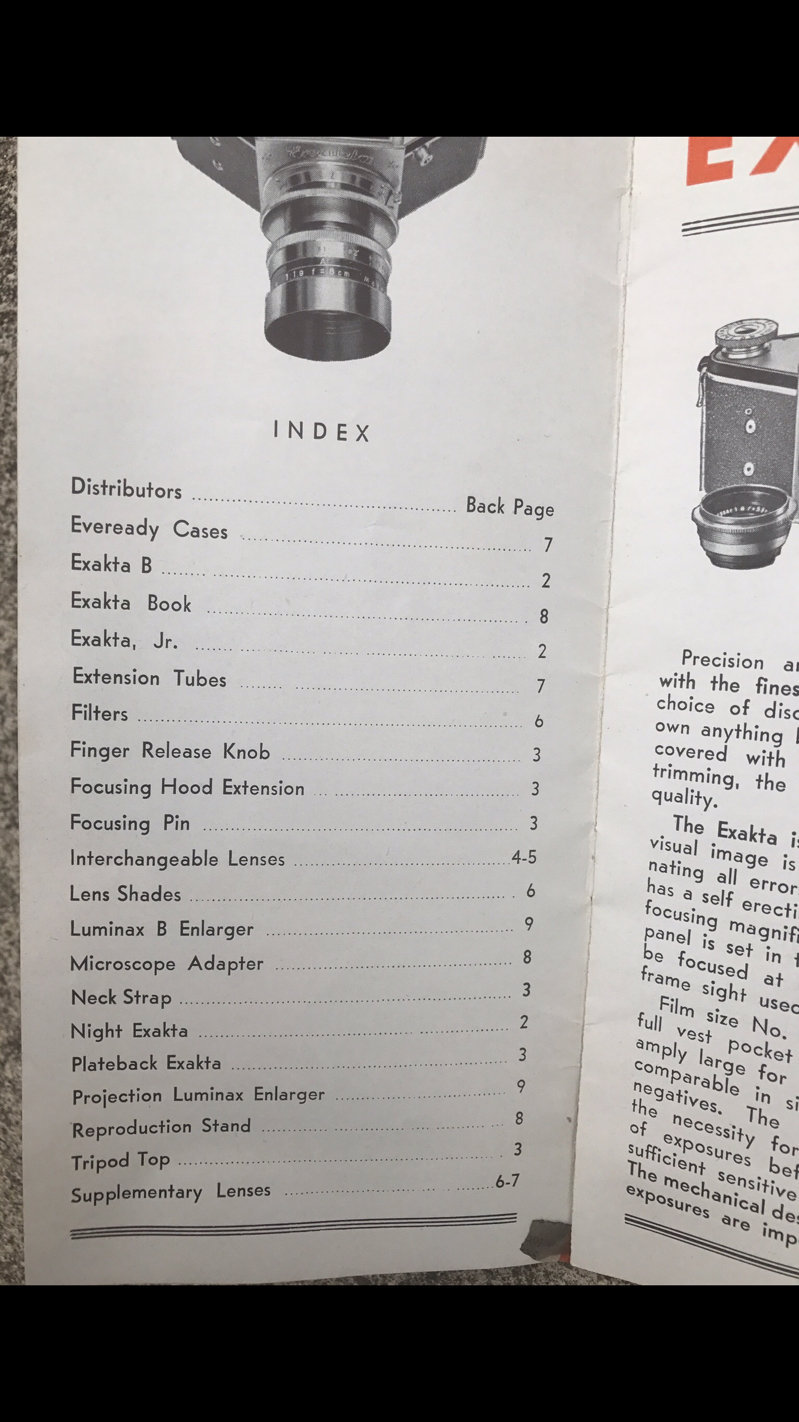 1939 Exakta brochures Kine VP Camera Night, B C Zeiss Hugo meyer lens price list