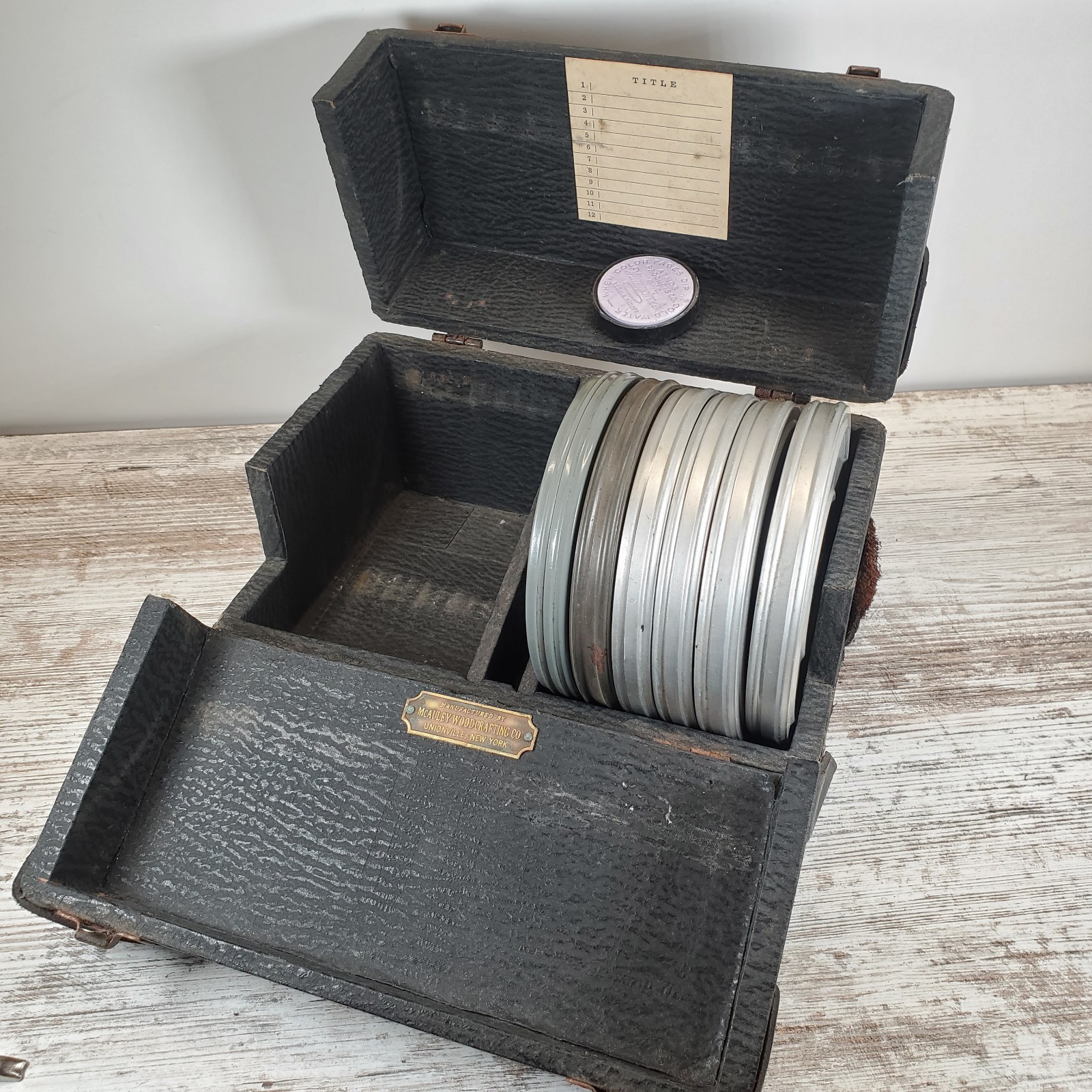 Vintage McAuley 8mm Film Reel Case Wood Box Holds 12 5″ Reels Universal Compass