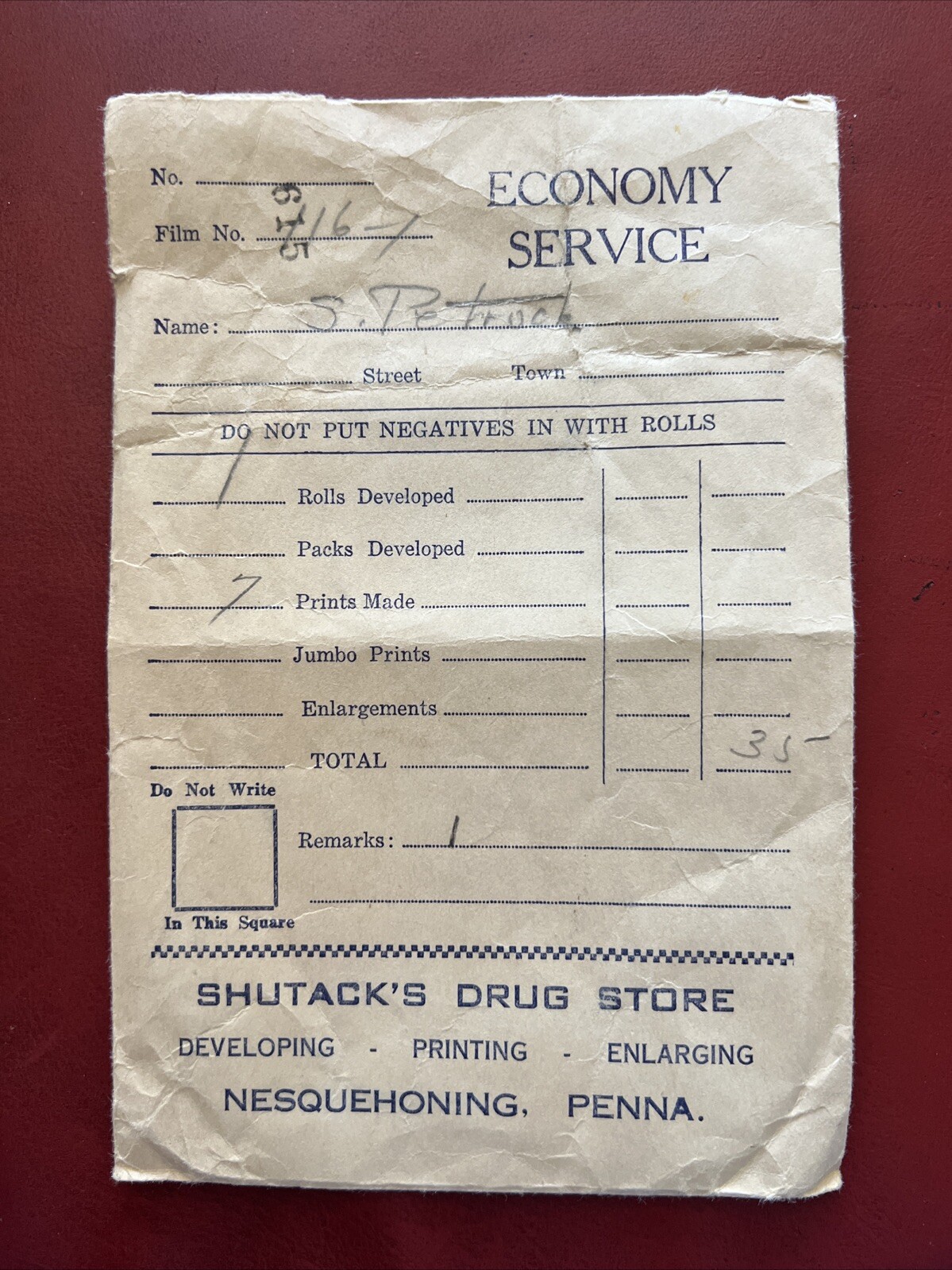 VINTAGE 1960’s Nesquehoning Pa. SHUTACK’S DRUG STORE FILM PROCESSING ENVELOPE