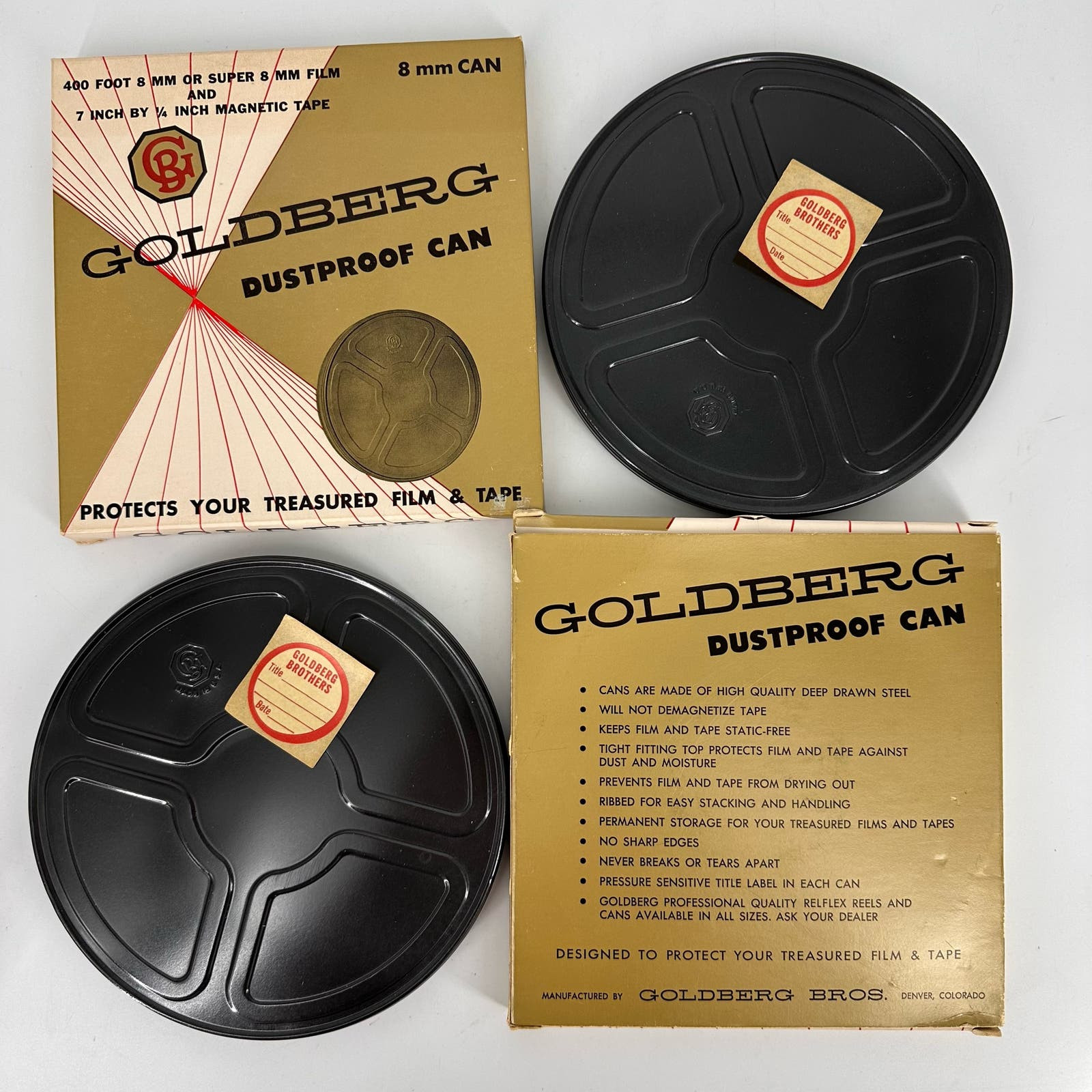 2 Goldberg dustproof cans 8 mm super 8 400 ft NOS NEW