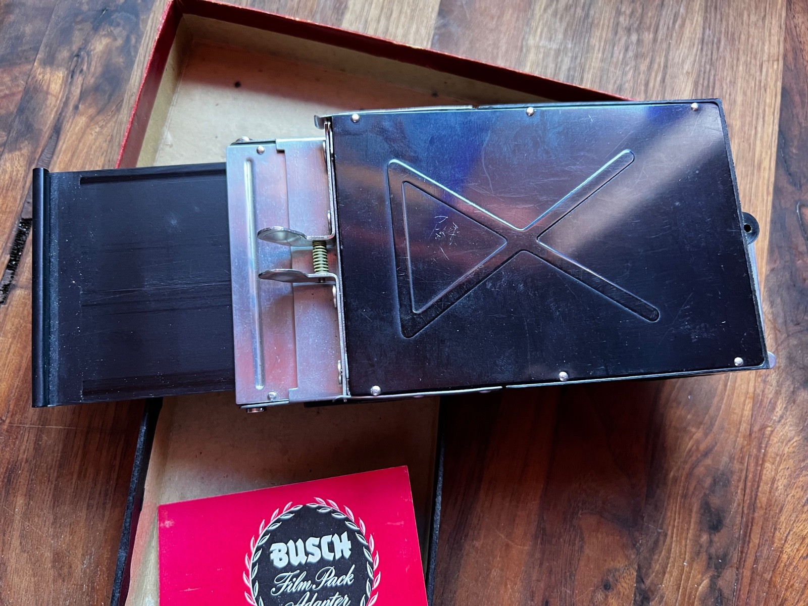 Vintage 1940s Busch Pressman 2×3 Film Pack Adapter 2 1/4 x 3 1/4 Box Manual Vg