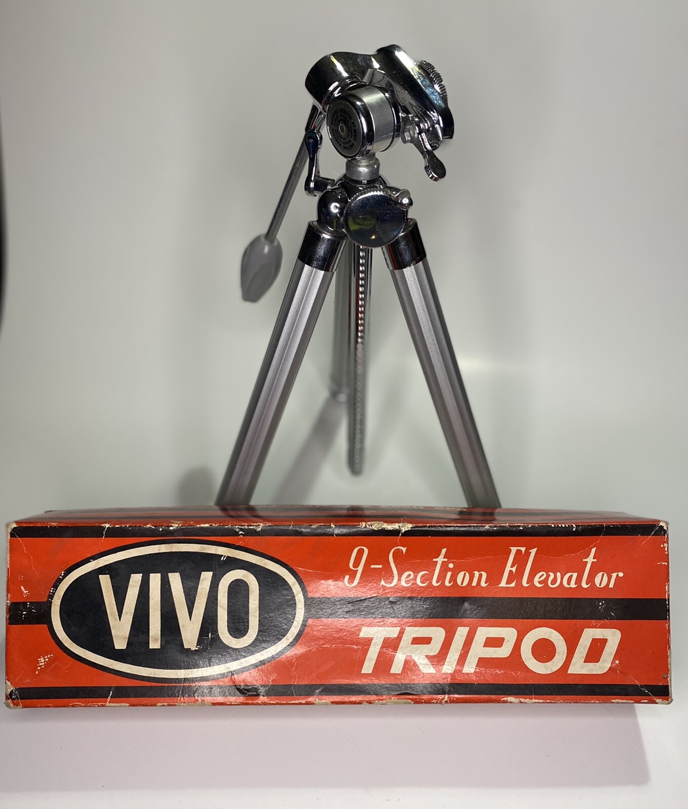 Vintage VIVO 9-Section Elevator Chrome Tripod w/ Pan Head & Case (B2)