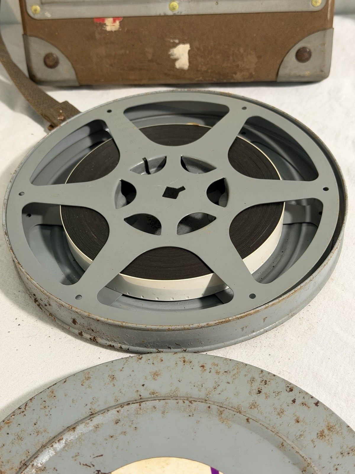 3 Vintage Film Reel Shipping Box Mid Century 16mm Fiberboard Strap W/ 3 Reels