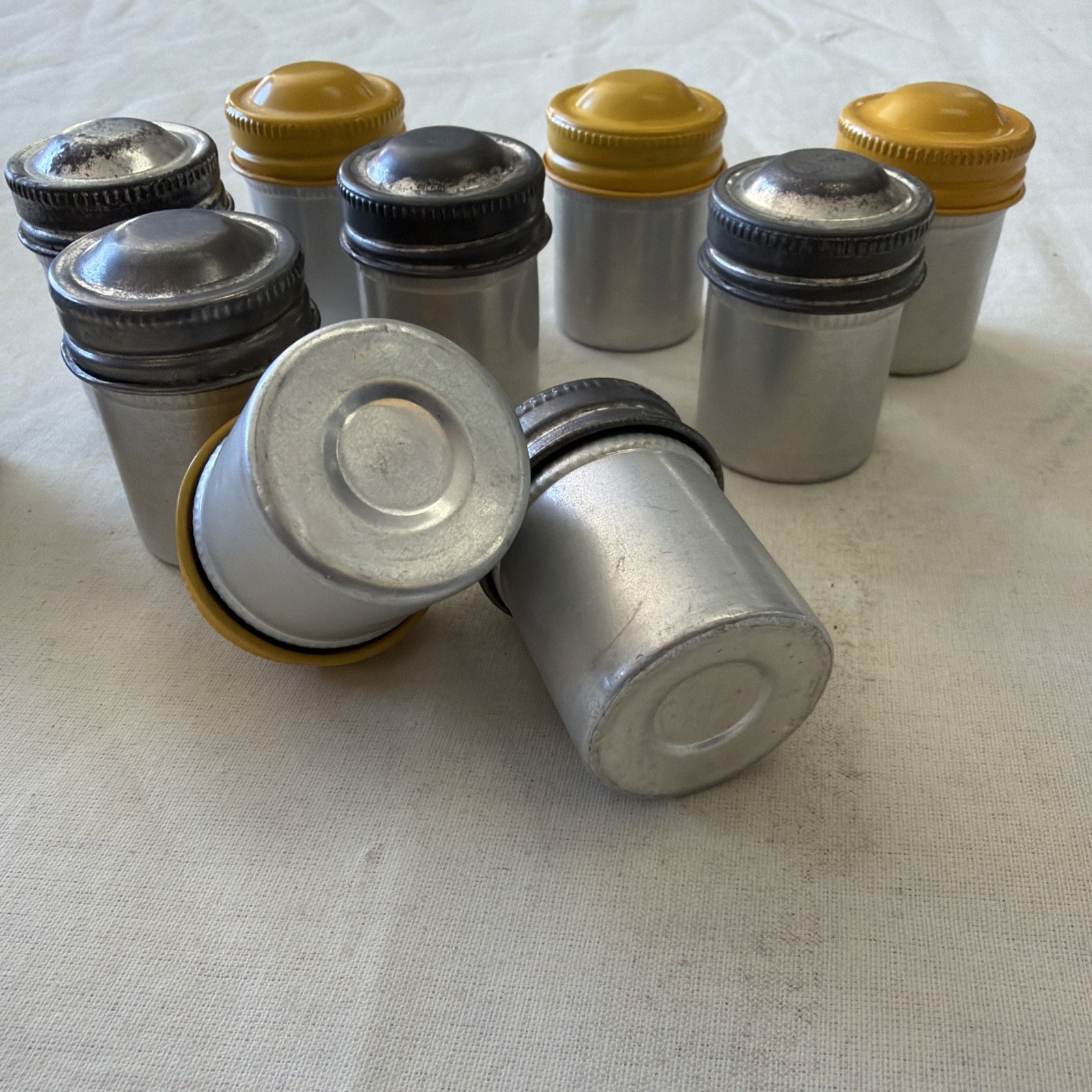10 Vintage Metal Film Canisters with Silver or Yellow Caps