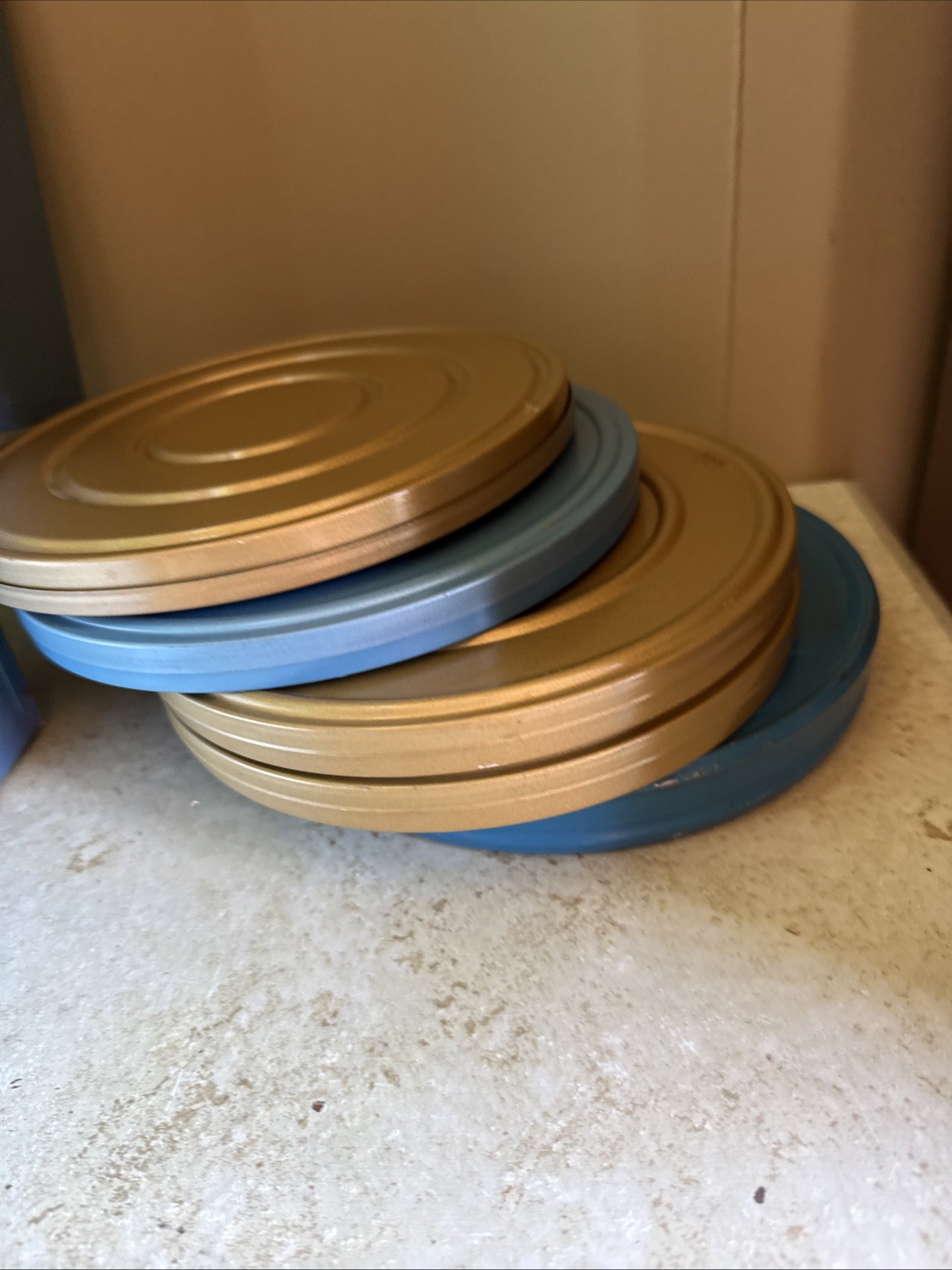 Vintage Compco Film Carrying Case with Reels and Tins Blue & Gold 7.875×7.5×4.4”