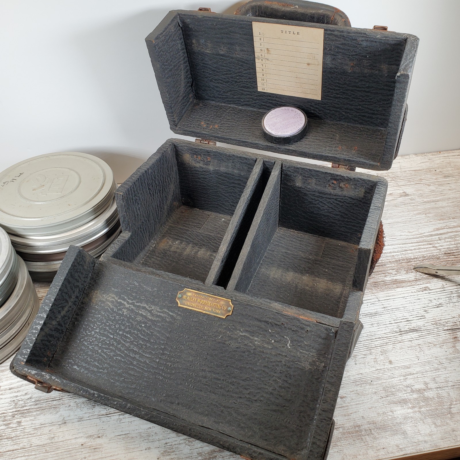 Vintage McAuley 8mm Film Reel Case Wood Box Holds 12 5″ Reels Universal Compass