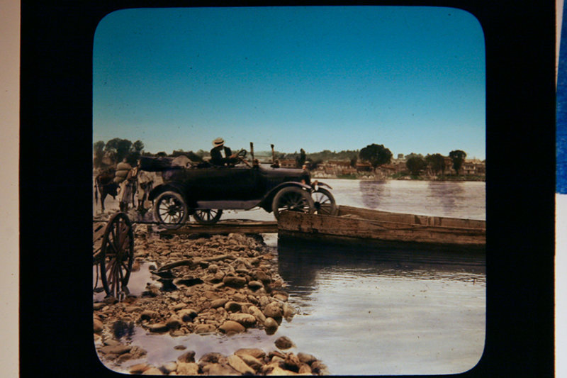 Glass Lantern Slide photo Of China Dr. Moor’s early Ford car on ferry, auto old