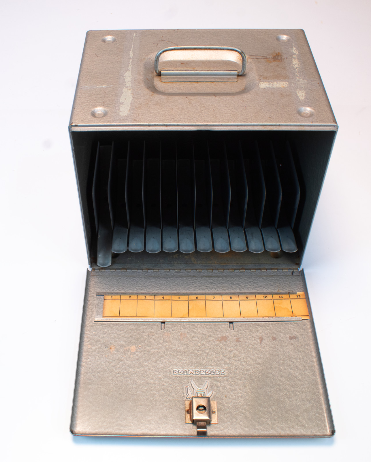 12 Film Reel Brumberger Holder Carry Case Metal Box Home Movies 1950’s Vintage