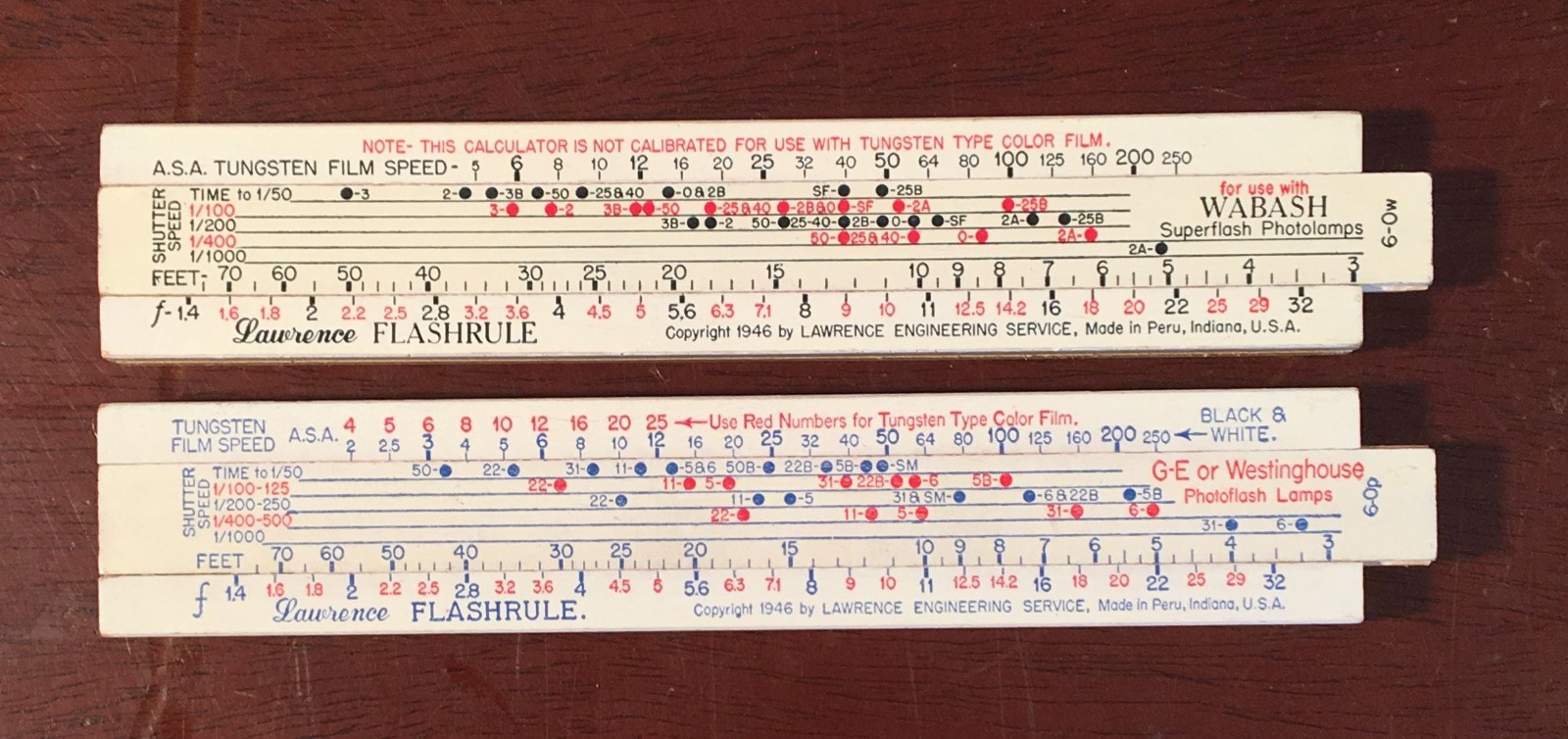 Vintage Pair Lawrence Flashrule Sliderules Calculate Exposure Advertising 1946