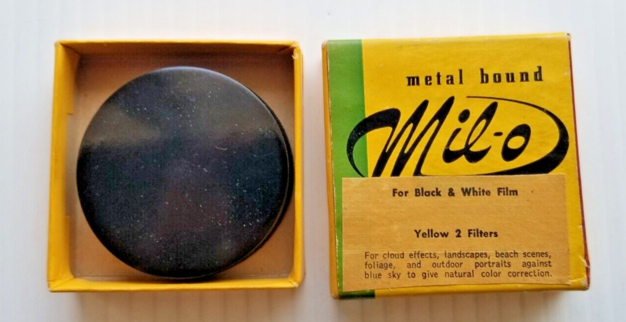 Vintage in Box Mil-O Yellow 2 Camera Metal Bound Filter For B/W Film