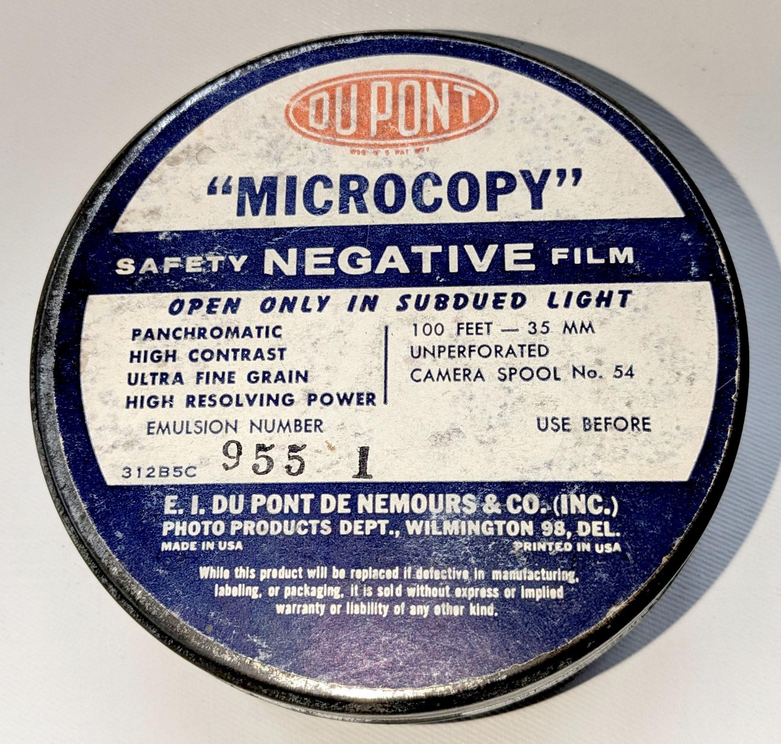 DuPont 1950s Microcopy Film Canister 35mm Safety Negative Film Panchromatic