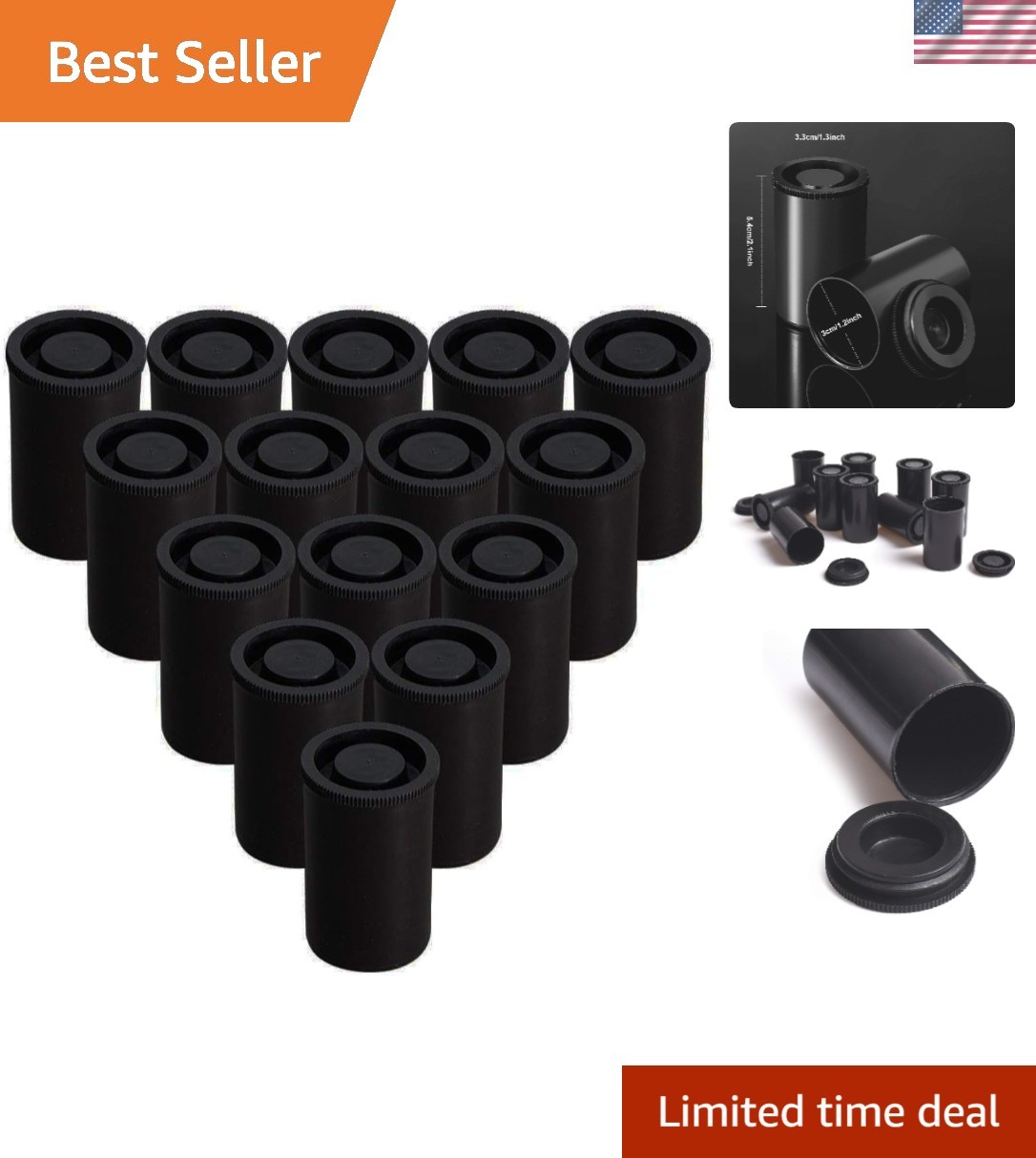 15 Pack Airtight Black Film Canisters – Durable Plastic Storage Containers