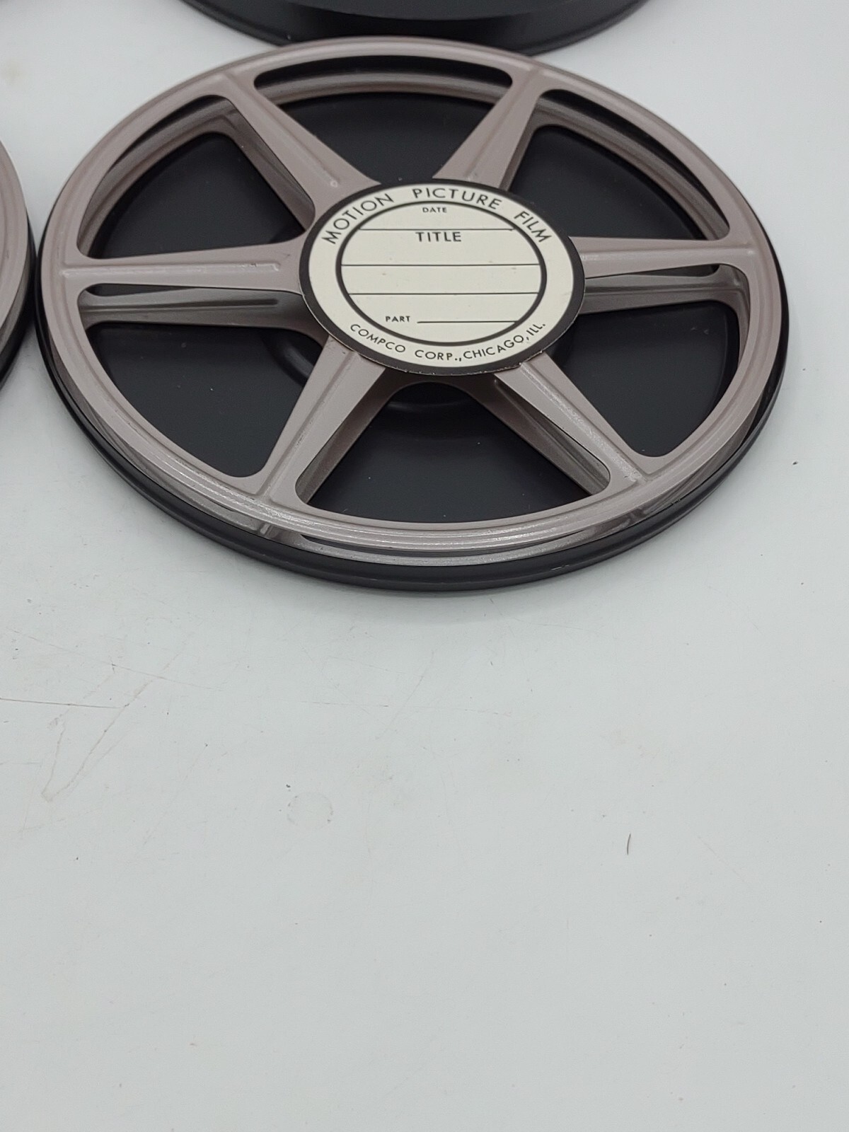 2 Vintage Compco 300 ft 8mm Film Canister and Take Up Reel 6″ USA Metal Case