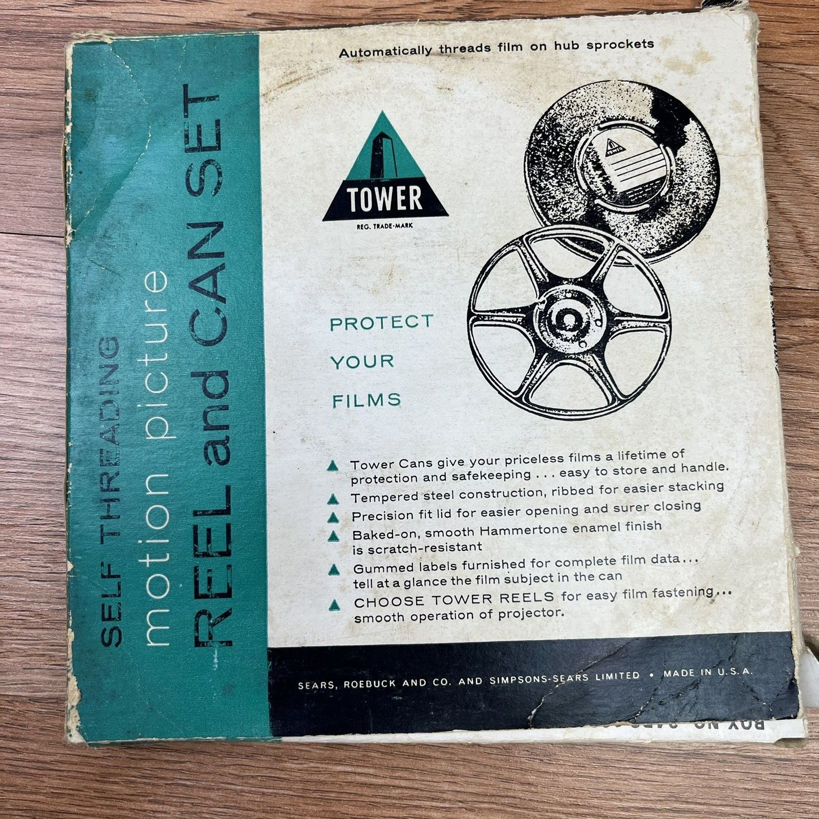 Vintage Tower Self Threading Motion Picture Reel & Can Set 8mm 400′ Kenco in Box