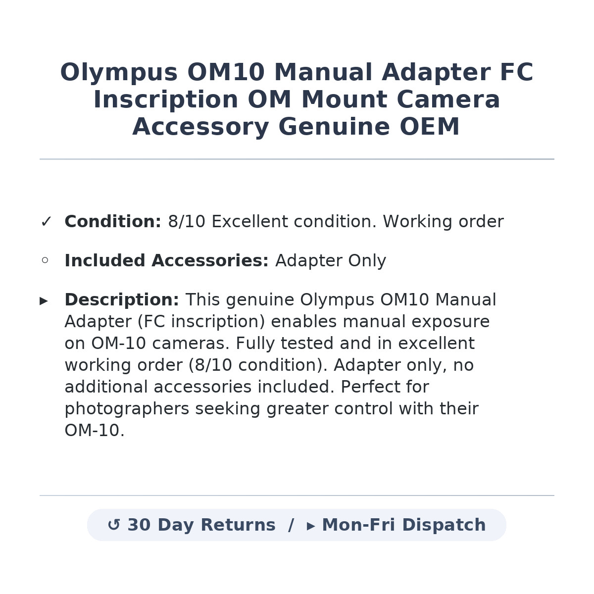 Olympus OM10 Manual Adapter FC Inscription OM Mount Camera Accessory Genuine OEM
