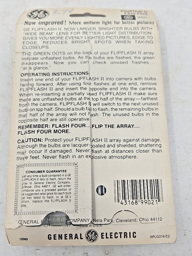 Vtg. GE General Electric Flip Flash II Camera Flash Bulbs Set new flash bar 8 ct