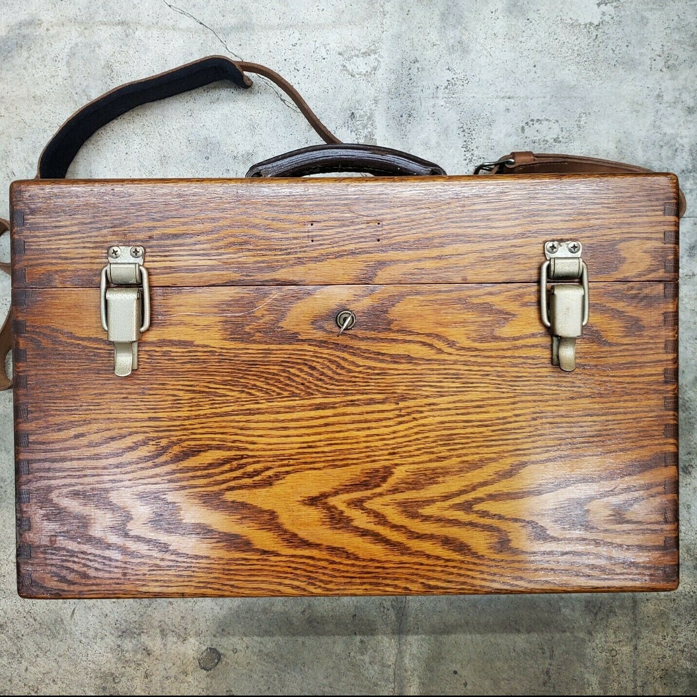 Vintage Heavy Duty Photographers Camera Accessories Box Oak w/Leather Strap