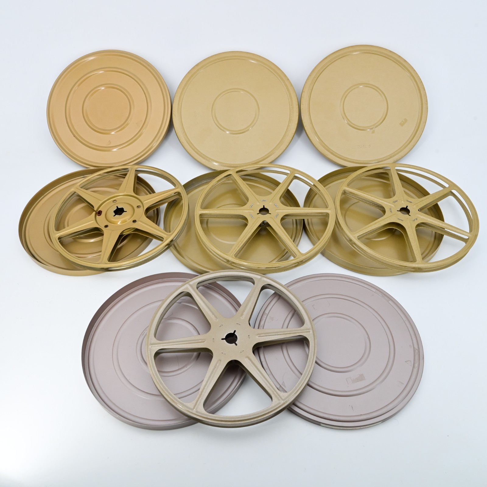 Vintage Dual 8 8mm 400ft Empty Movie Film Reel Can Lot Compco Scheker 4pc