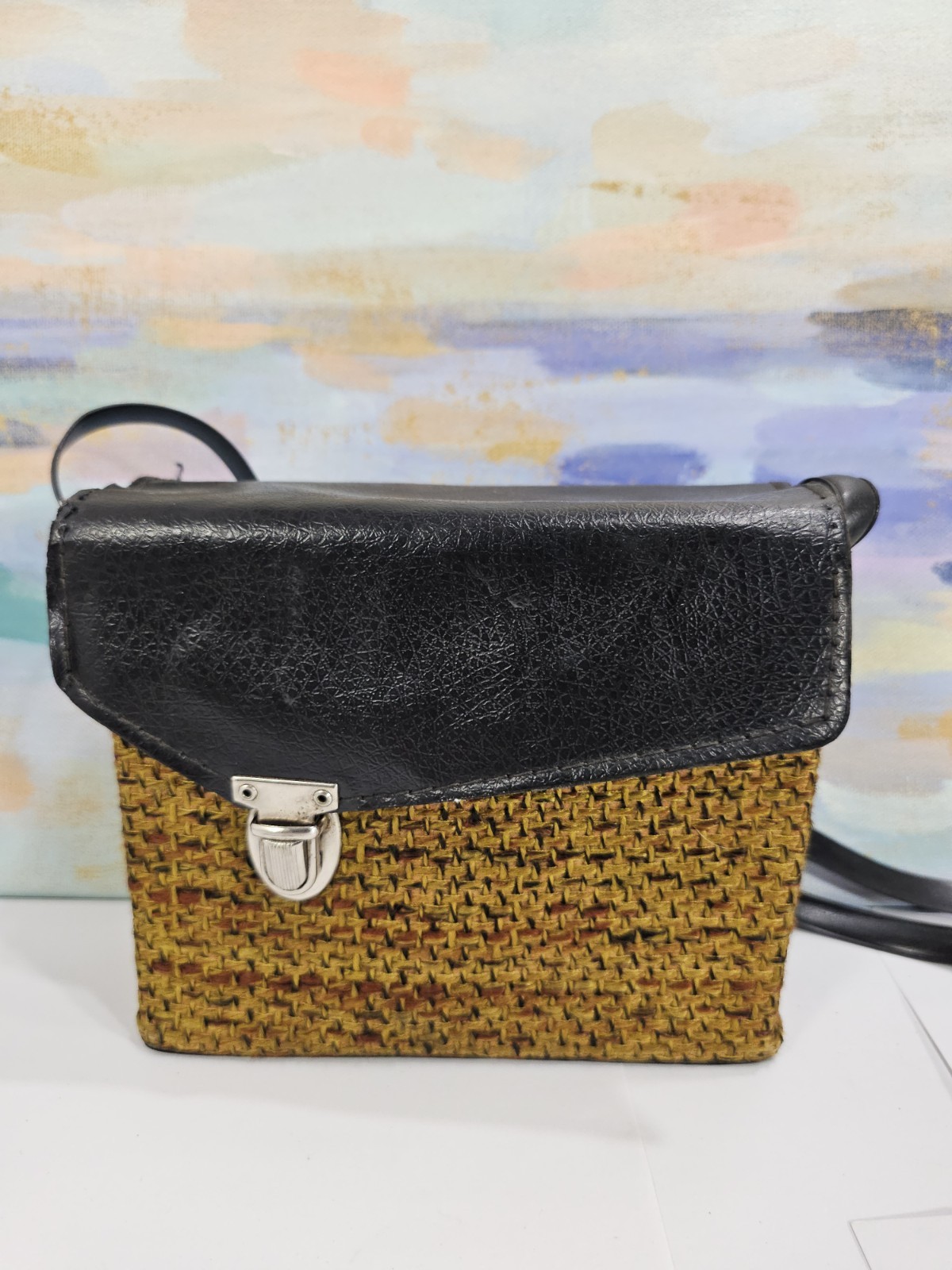 Vintage Brown Tweed Weave Shoulder Small Camera Bag W/clasp