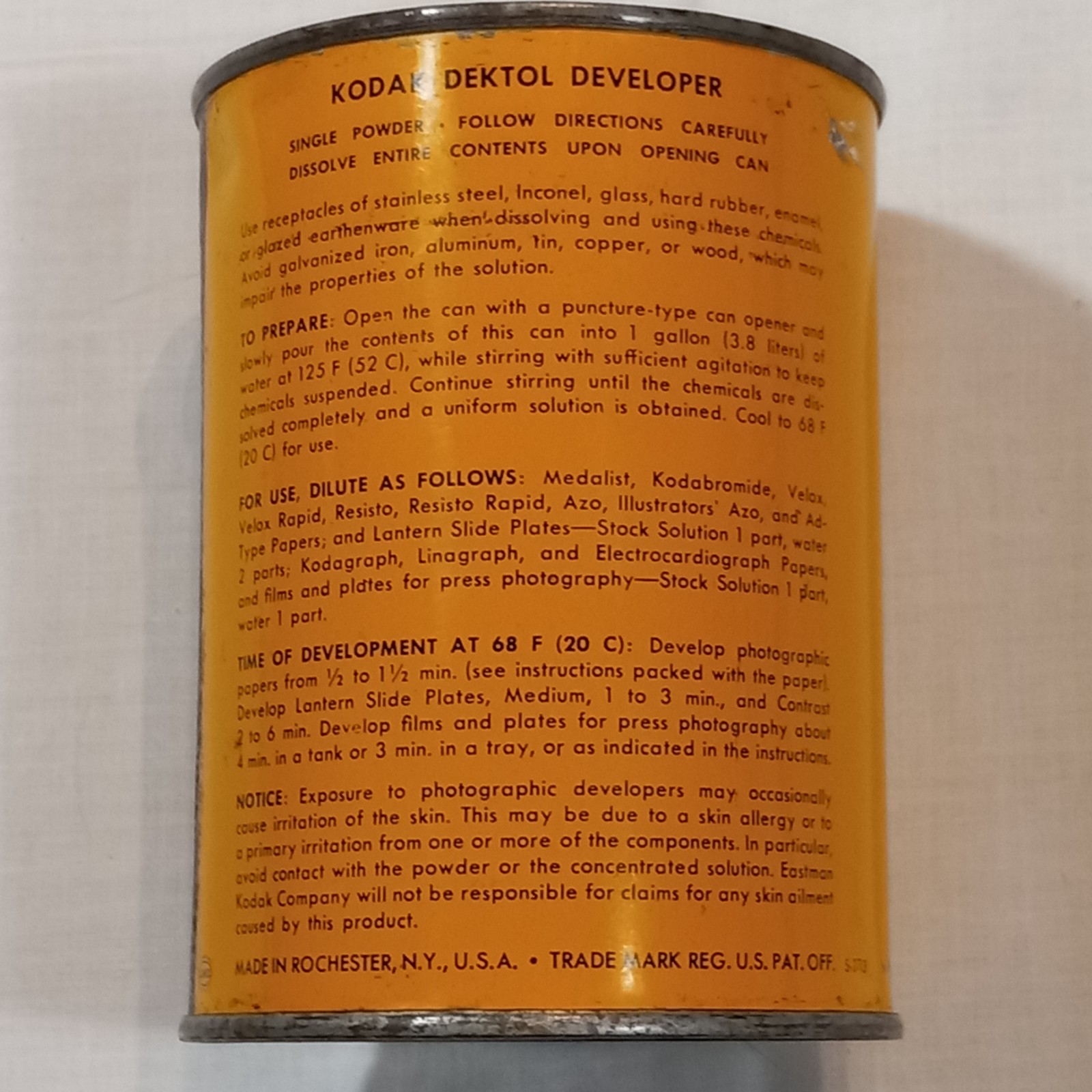 Vintage KODAK Dektol Can 1lb 3.5oz for 1 Gallon 50s 60s Camera Photo Developer