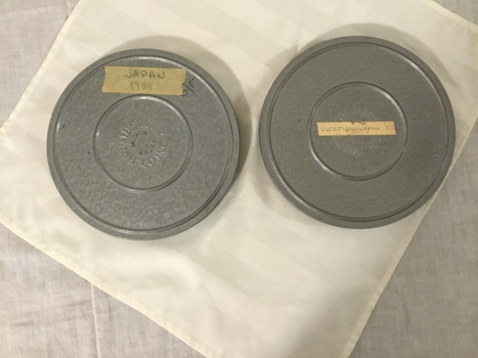 2 Vtg Brumberger Kenco 8mm Film Canister and Take Up Reel USA Metal Case 7″