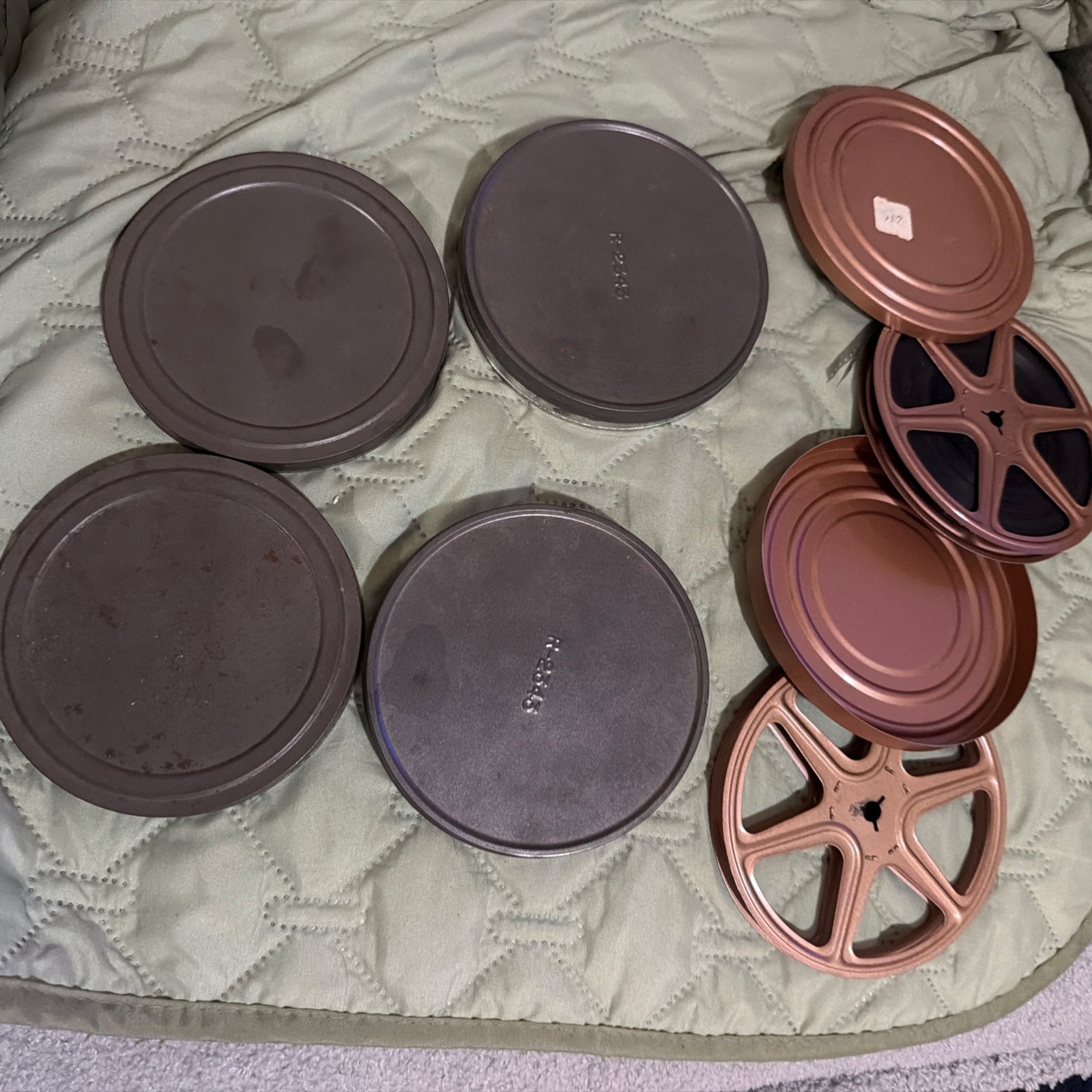 3 Vintage Metal Cases and 2 Reels 8mm Movie Film Grey & Brown Used