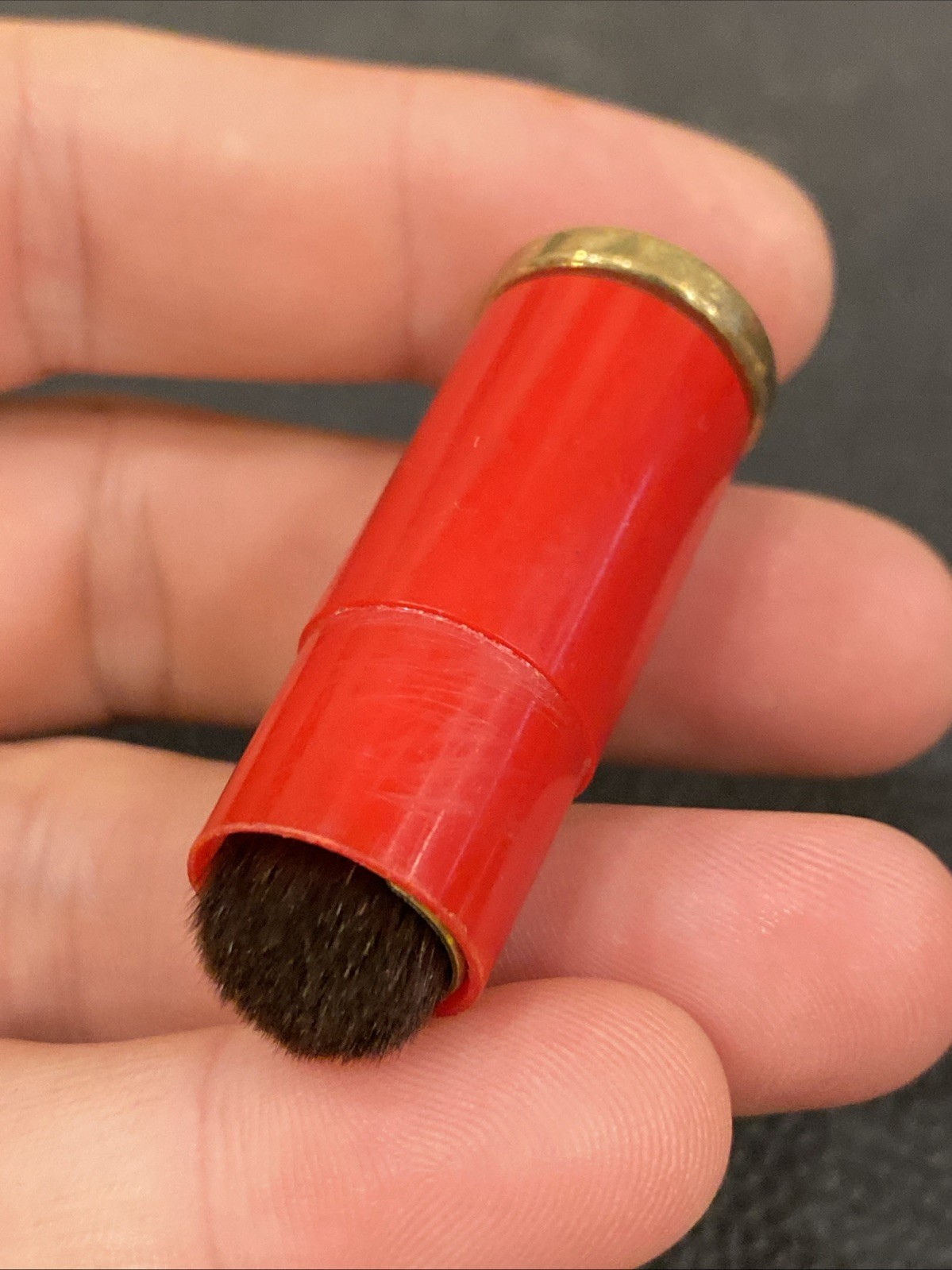 Vtg RED & Gold Tone Evers 2″ Twist Up Camera Dust Make Up Brush Germany 1950’s