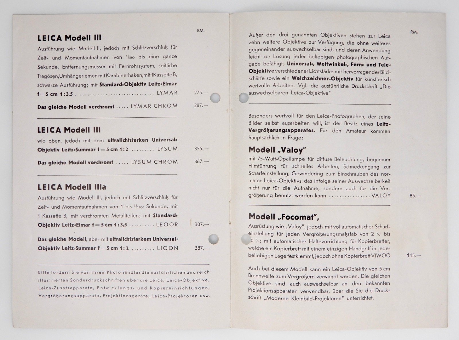 Leica Ernst Leitz-Wetzlar from Leica Standard to IIIA Price List
