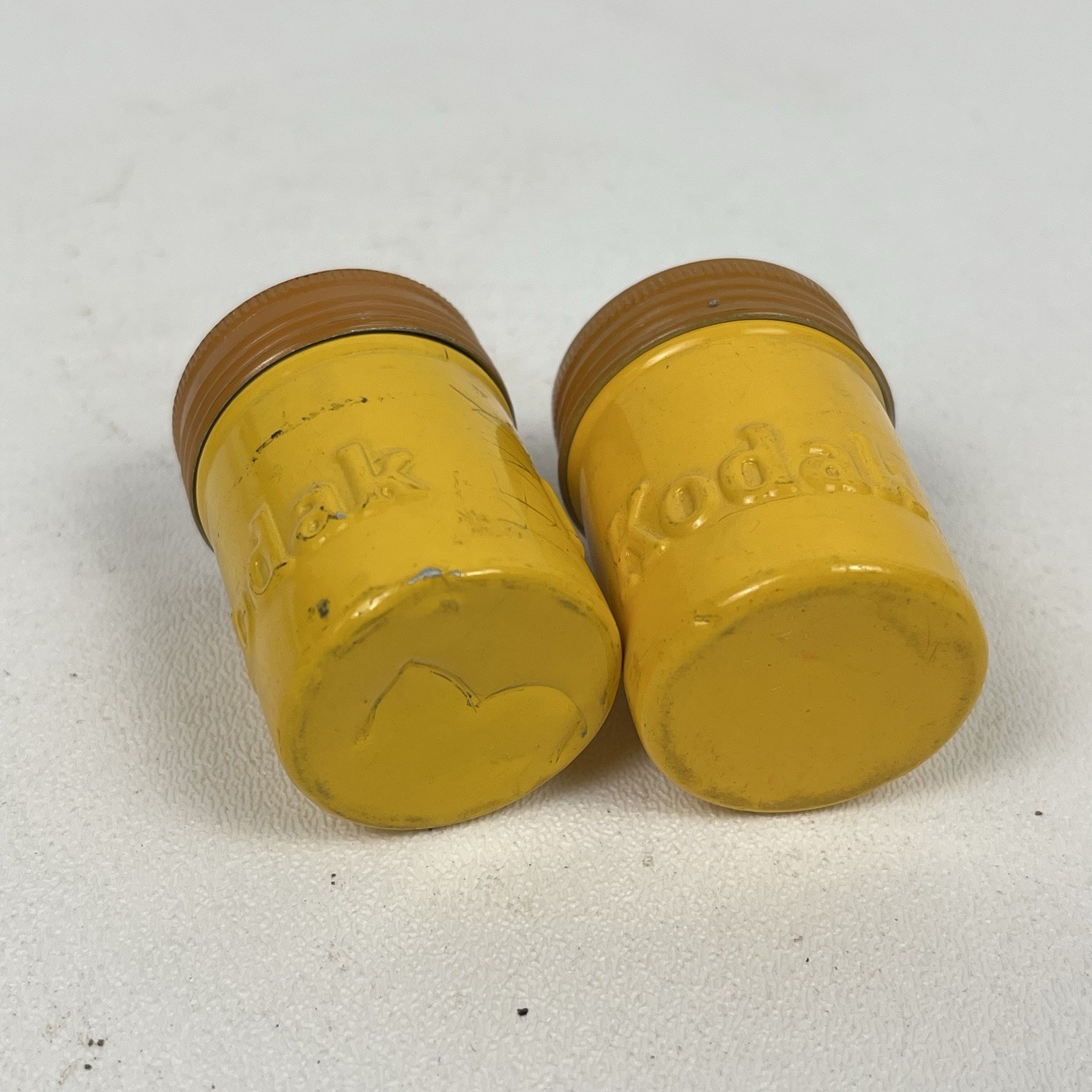 Vintage Kodak 35mm Aluminum Film Canister Screw Lid Yellow Tan Pair