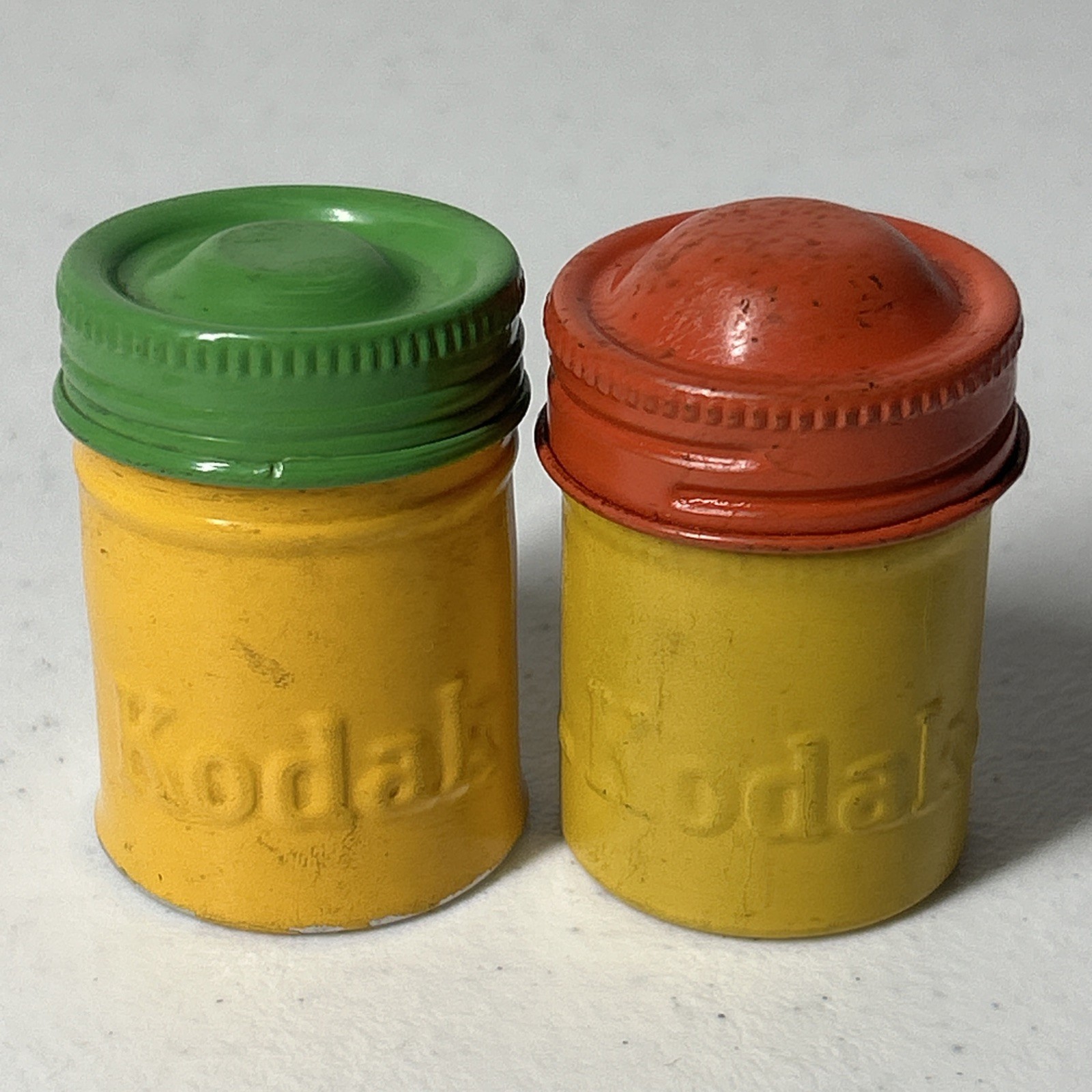 Pair Kodak Film Canisters Green Orange Vintage Screw On Lids