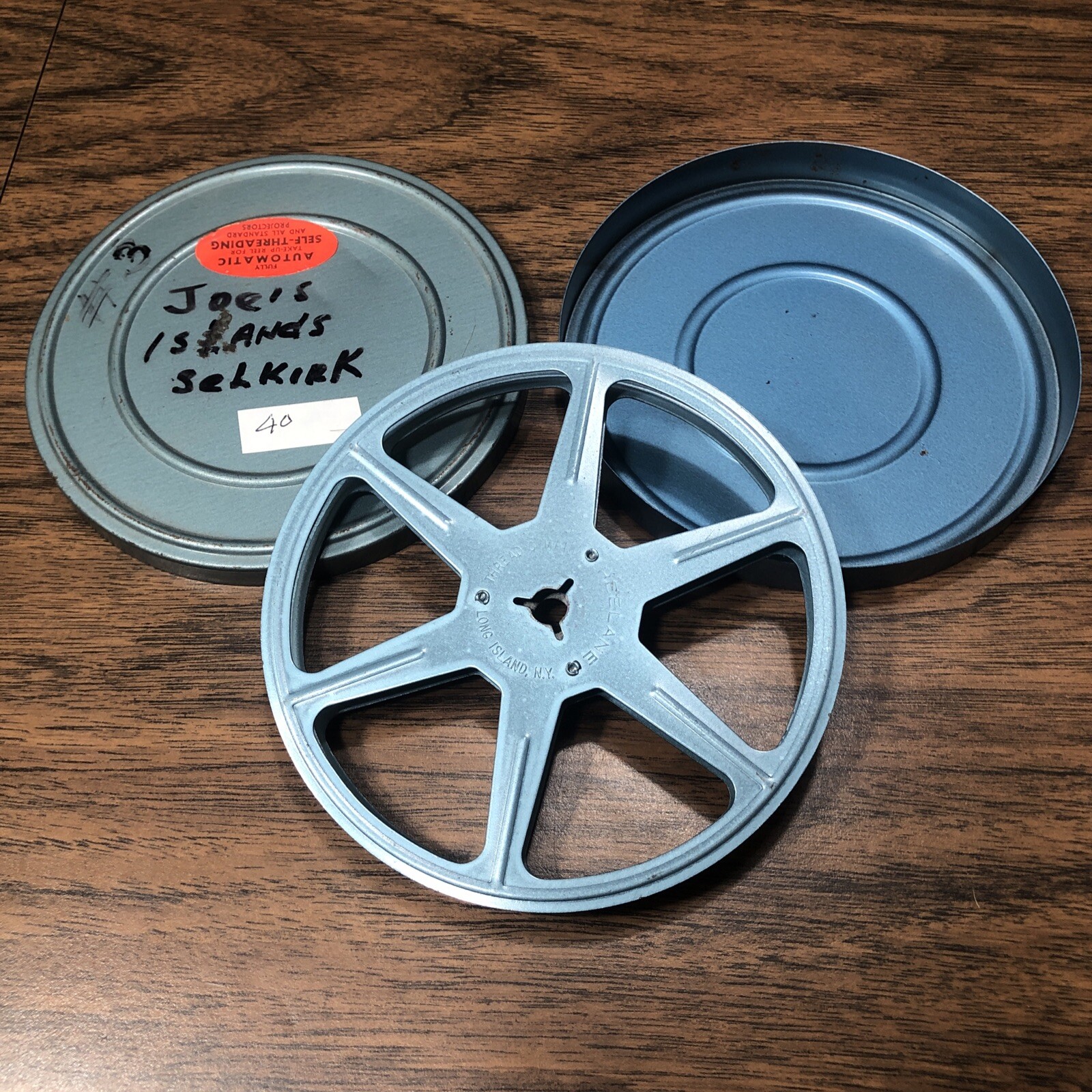 Lot of 2 Blue 8mm Film 5” 200’ Metal Reels & Cans Reelane Thread-o-matic USA