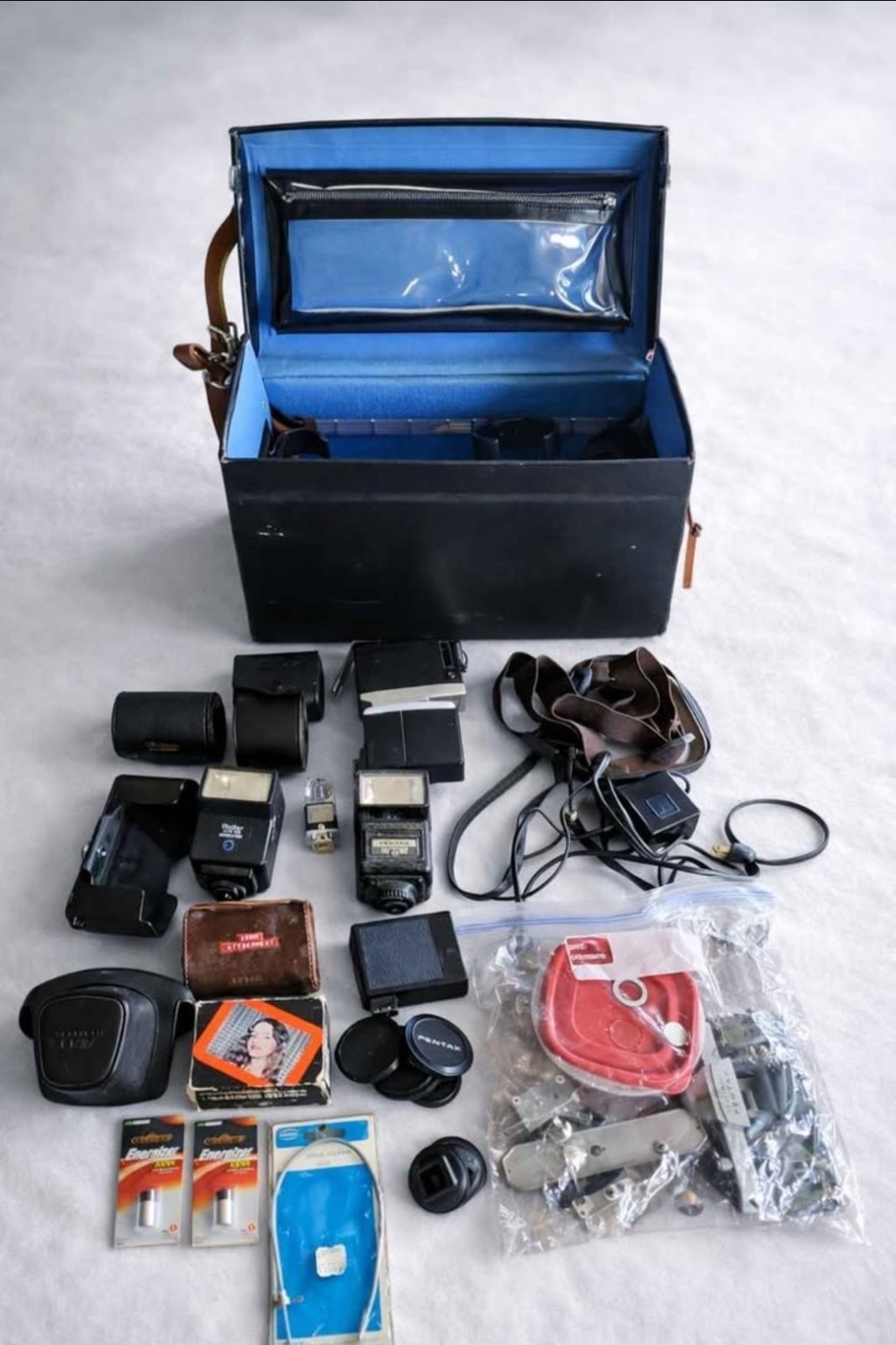 Vintage Camera Parts Lot – Case, Flashes, Lenses, Accessories
