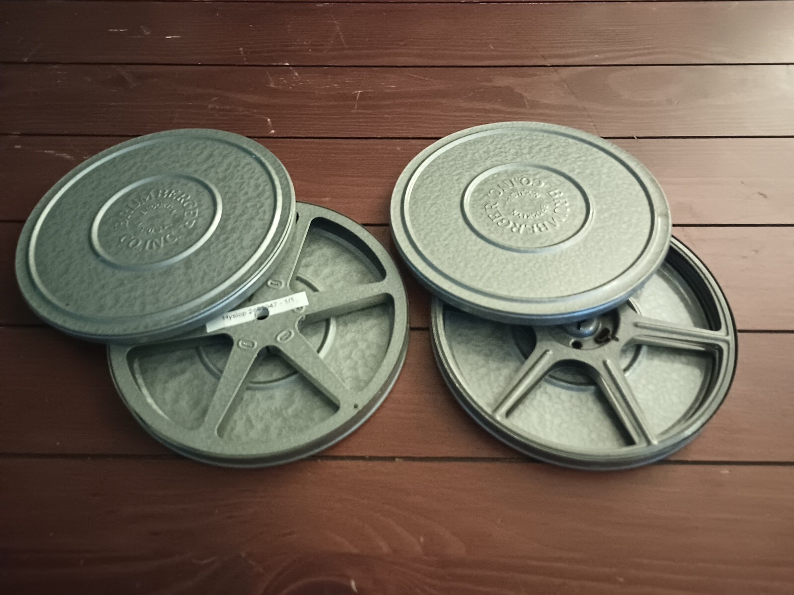 2 Vintage BRUMBURGER 8mm Film Canister and Take Up Reel 7″ USA Metal Case