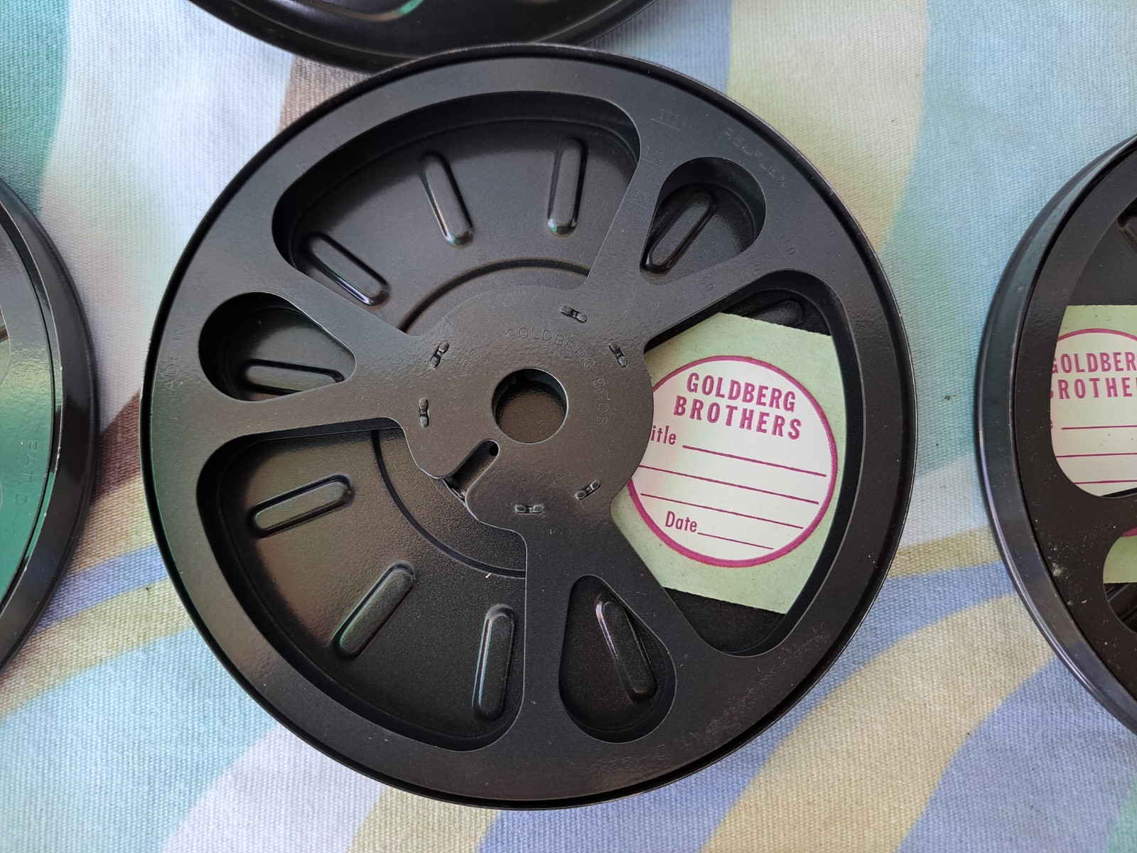 Vintage GOLDBERG BROTHERS 200′ 8mm Film Storage Cans 6 With Box & Stickers BIN30