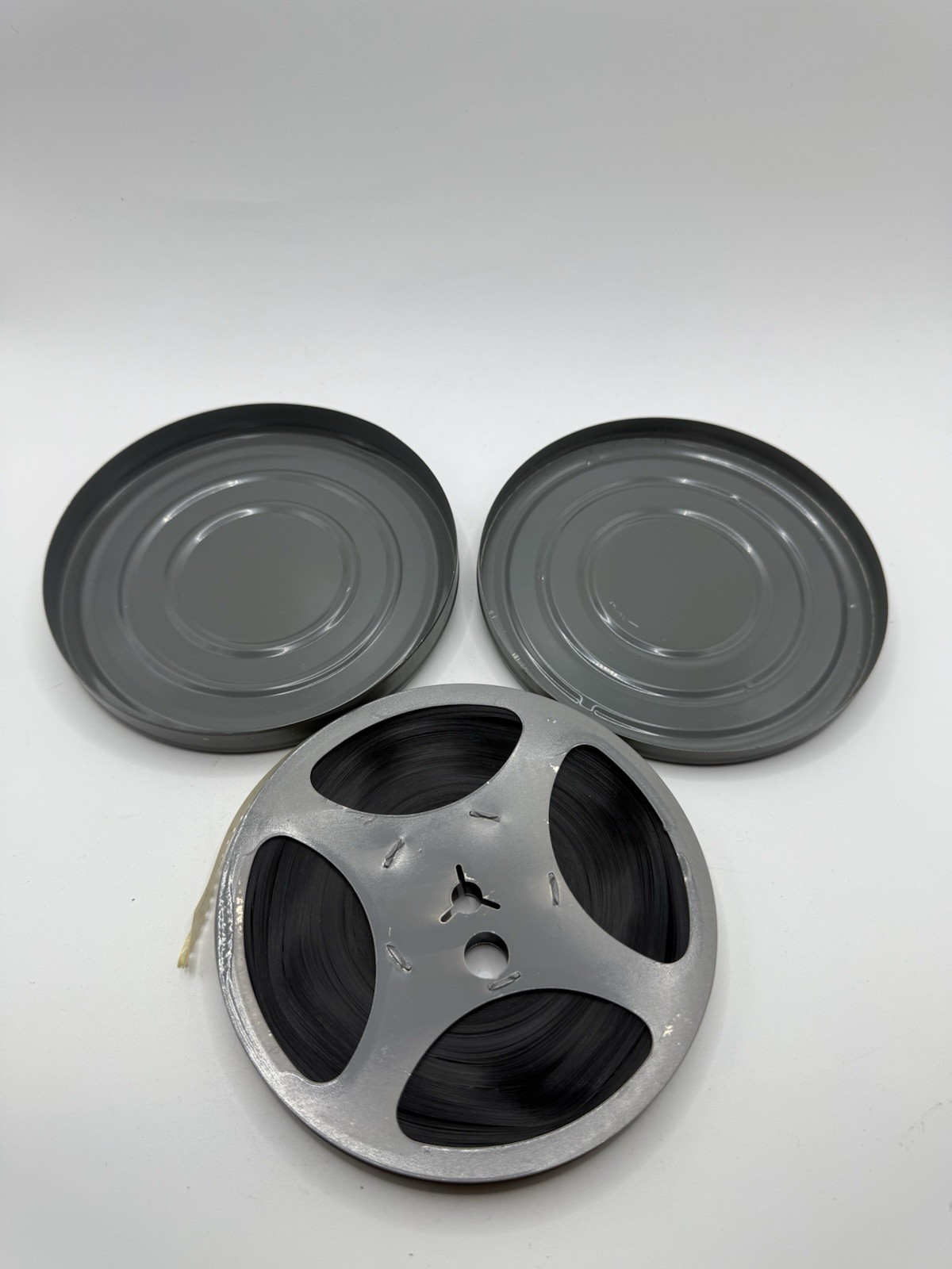Vintage Gray Metal Film Can Canister 5 1/8″ Diameter & Film Reel