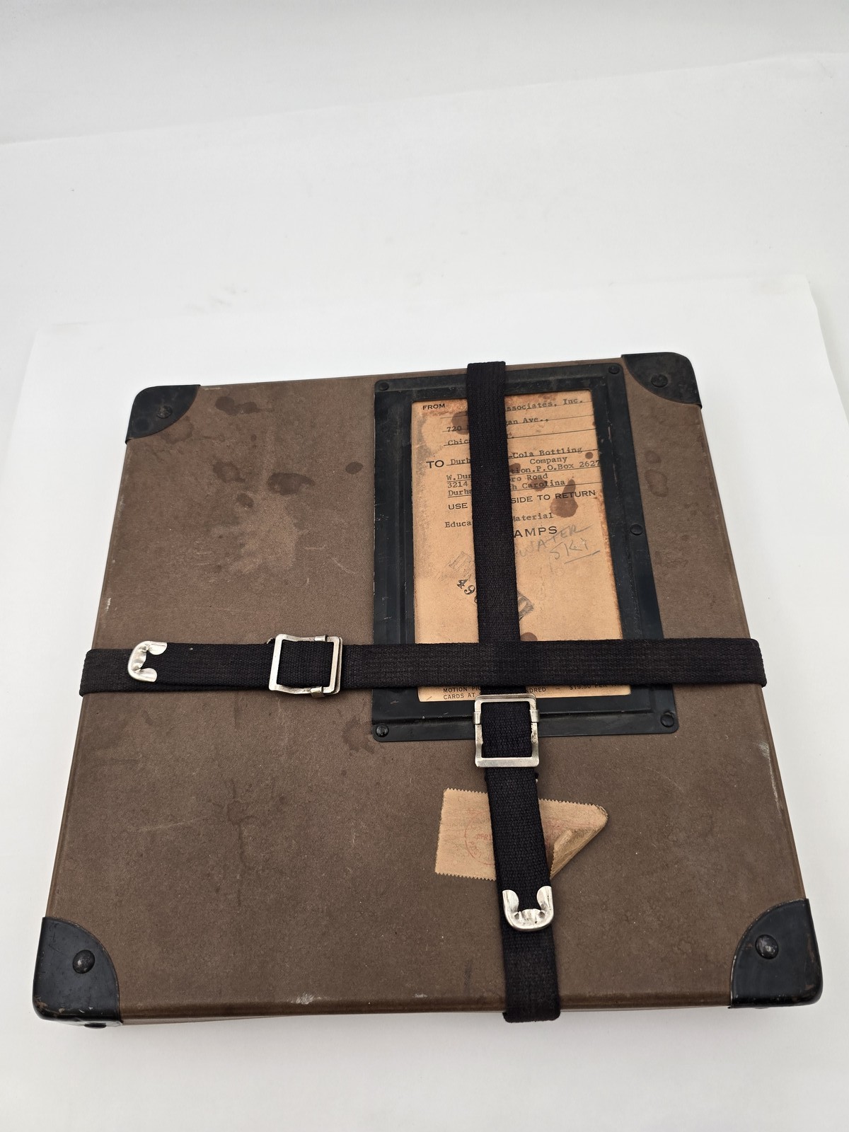 Vintage 11″ Square Fiberbilt Shipping Case Metal Corners Fabric Straps 1960s Lab