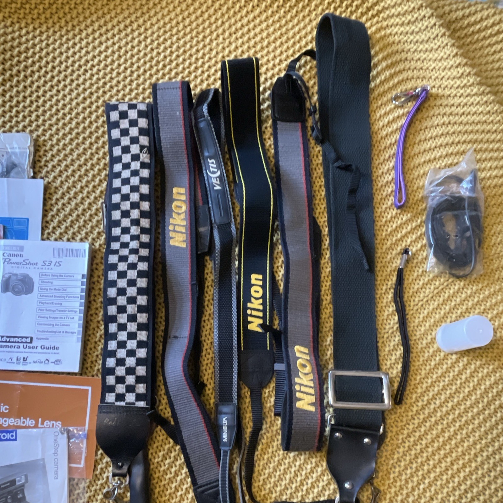 Vintage Camera Accessory Lot Manuals Lens Caps Straps Kodak Polaroid Nikon