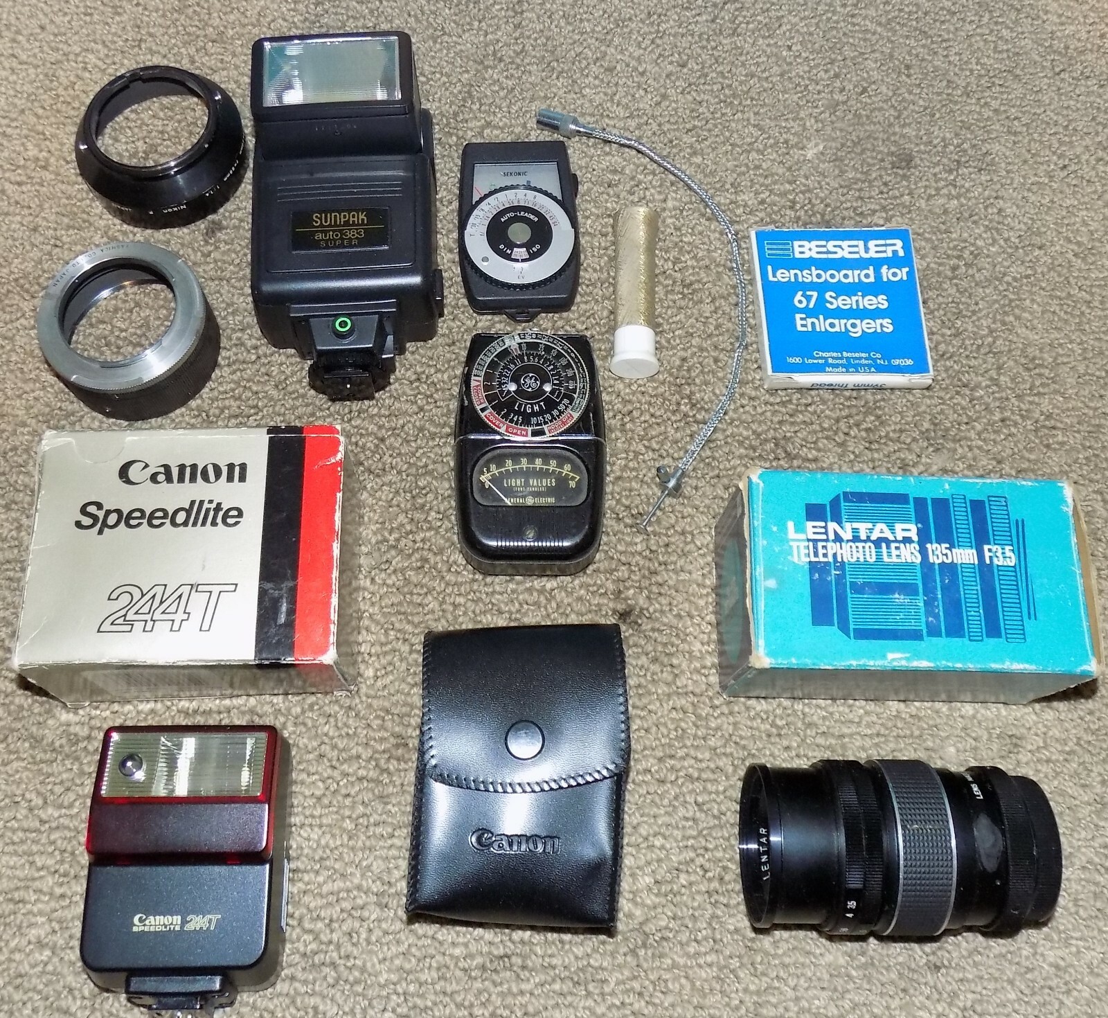 Box Lot Camera Accessories 35mm Filters Flashes Light Meters Etc.