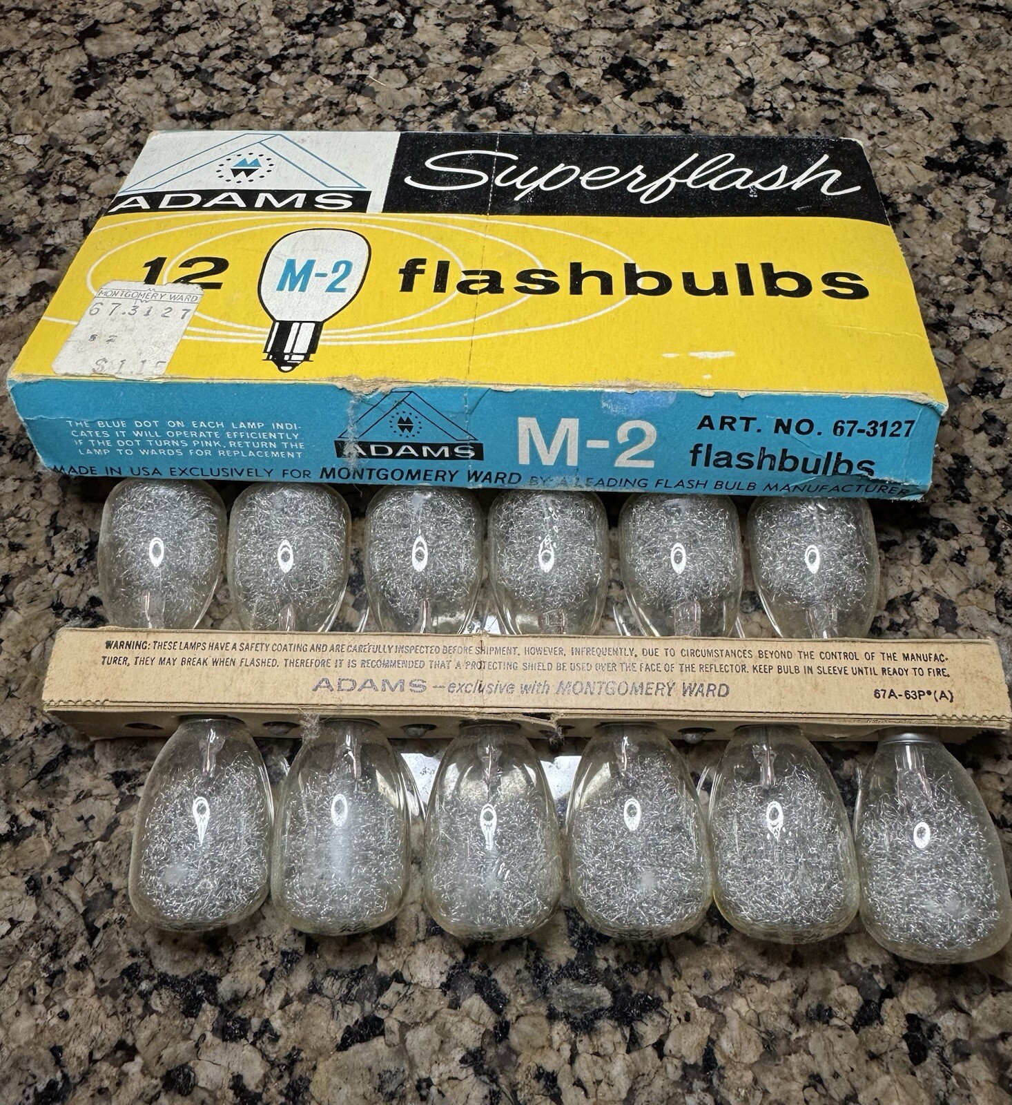 Vintage Box of 12 Adams Superflash M-2 Flashbulbs In Original Packaging