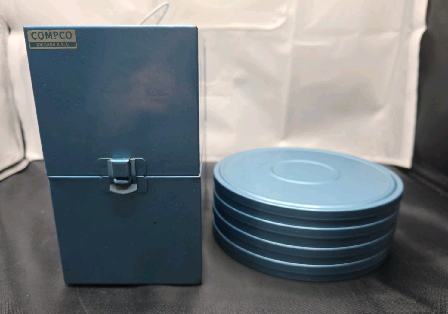 Vintage Compco Film Carrying Case with 8mm Reels and Tins Blue