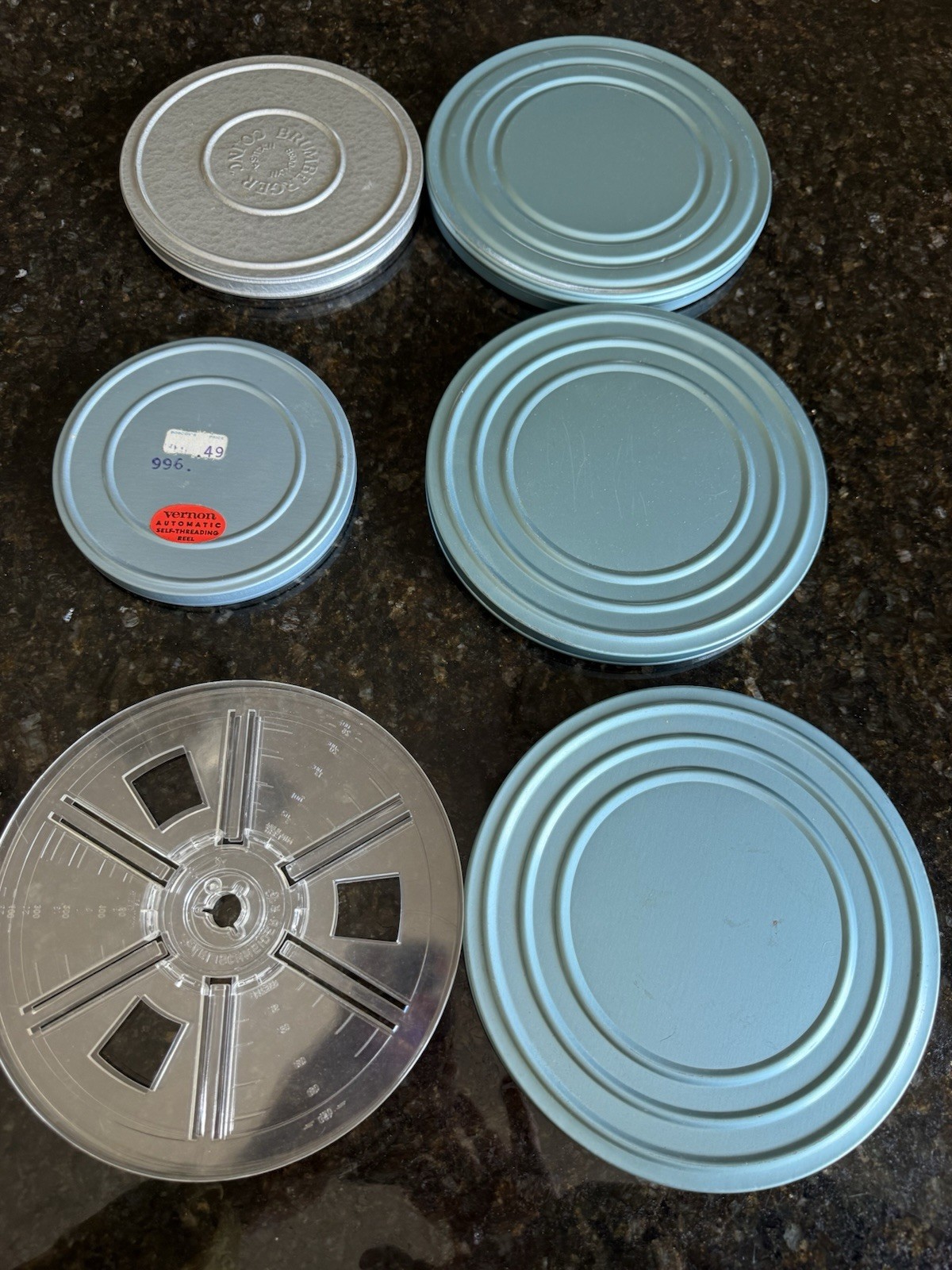Brumberger & Thread-O-Matic 5″ 6″ 7” Film Reel Canisters Blue & Silver Lot of 6