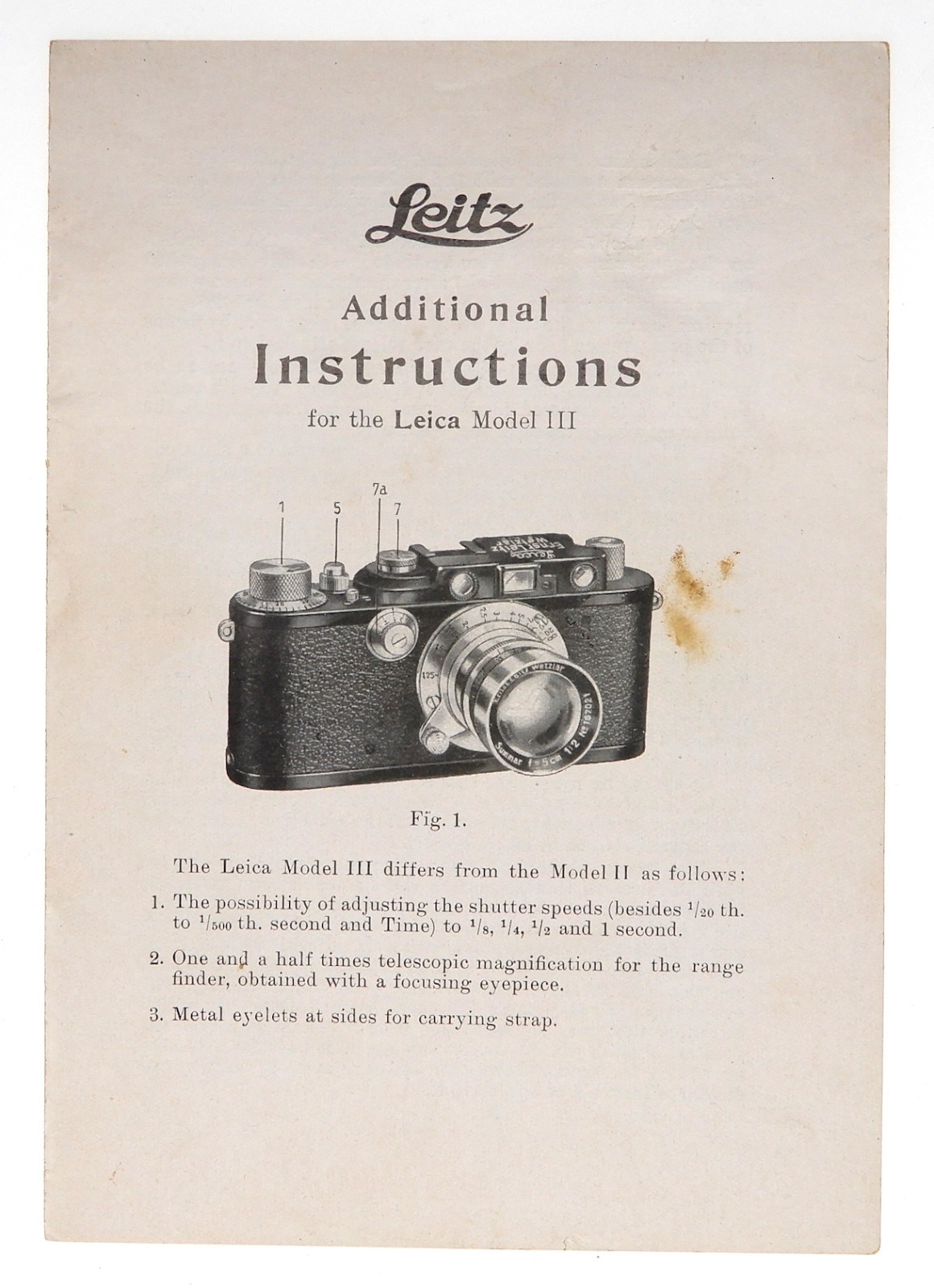 Leica III Model F Additional Instructions 1933 #2