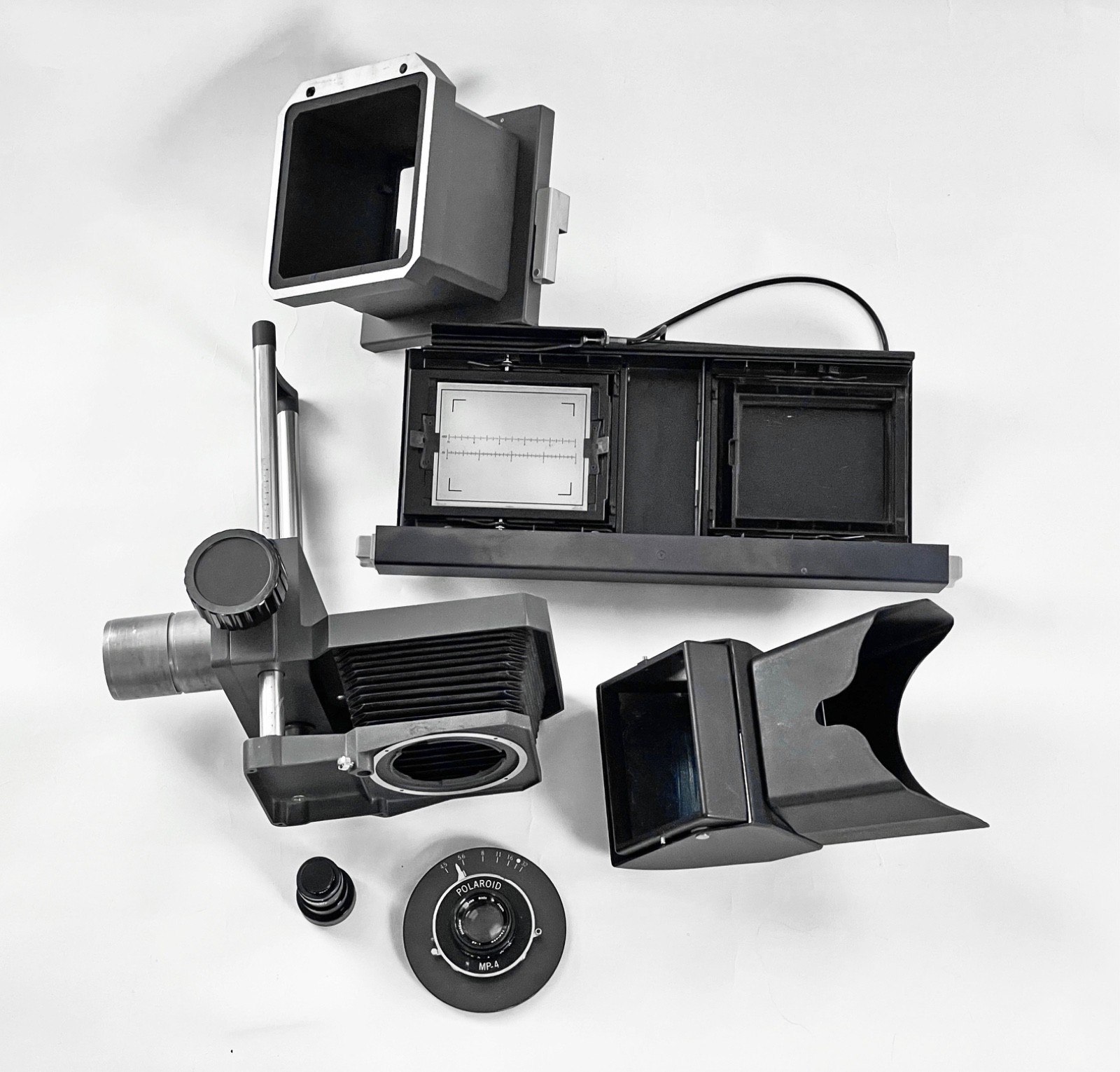 POLAROID MP-4 4X5/PACK SYSTEM: SLIDING 4X5 PLATFORM, 2 LENSES, 2 HOLDERS, MORE+