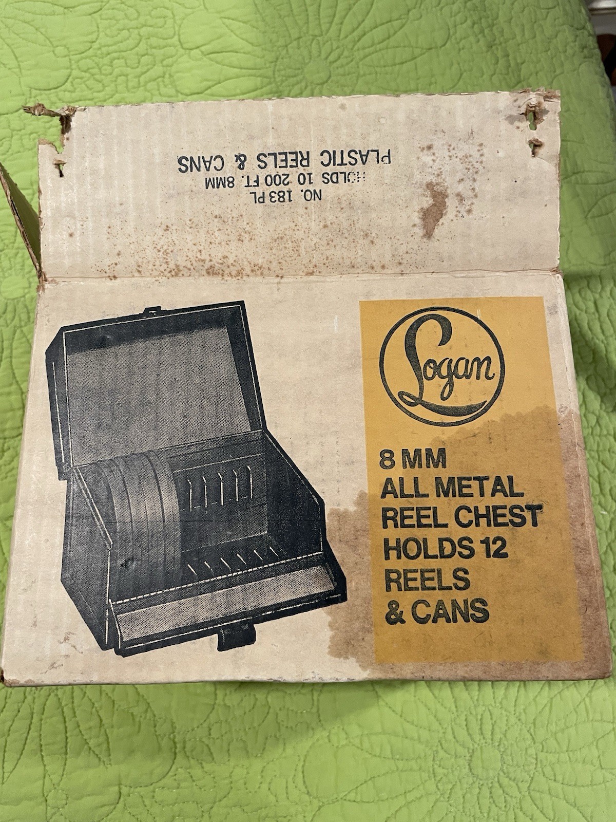 Metal Logan 8mm Movie Reel Chest Storage Case Tan, holds 12 reels New Old Stock